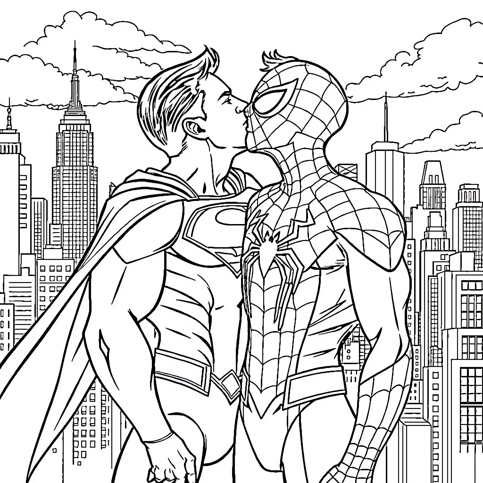 Superman and Spiderman battling in the city Coloring Page (free black-and-white line drawing printable PDF for all, from beginners to advanced learners, including children, teens, adults, and seniors)