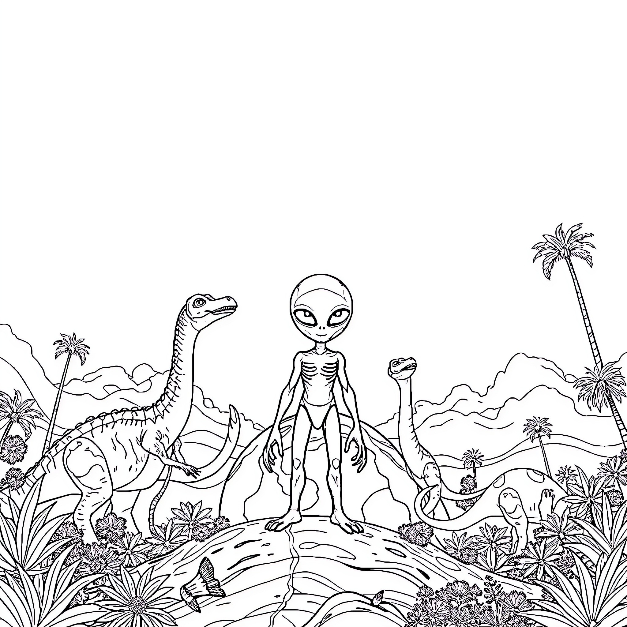 Alien creature and dinosaur in prehistoric landscape Coloring Page (free black-and-white line drawing printable PDF for all, from beginners to advanced learners, including children, teens, adults, and seniors)