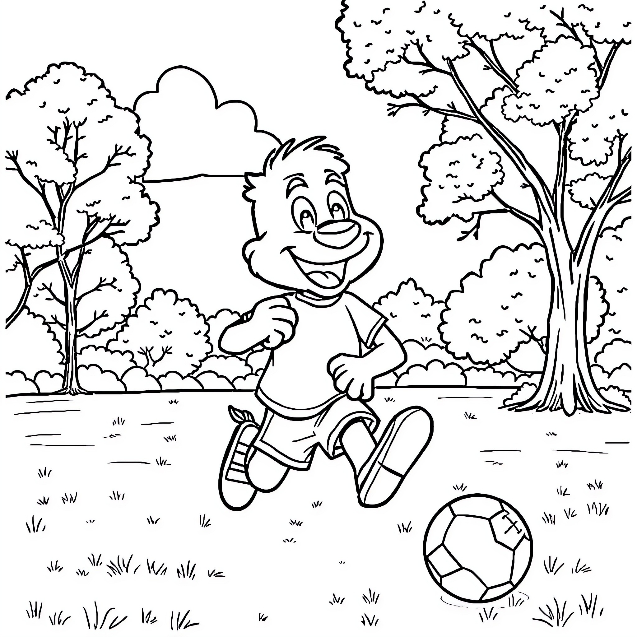 Clarence Happily Playing with Soccer Ball in the Park Coloring Page (free black-and-white line drawing printable PDF for all, from beginners to advanced learners, including children, teens, adults, and seniors)