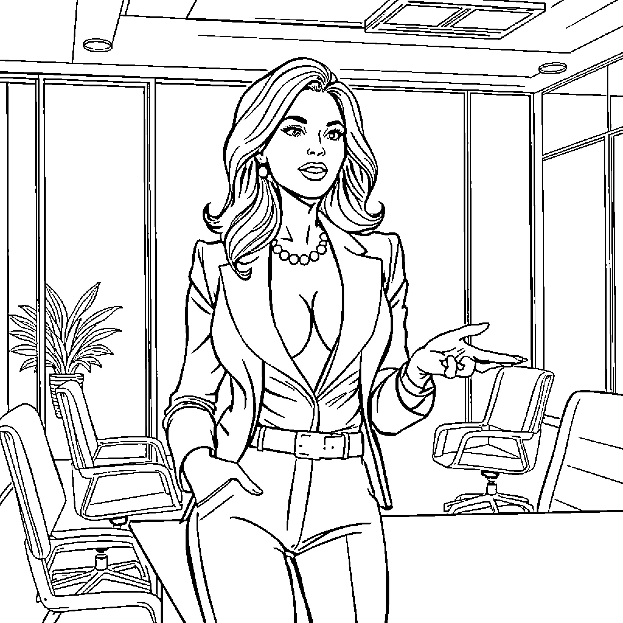 Lady in charge of the office environment Coloring Page (free black-and-white line drawing printable PDF for all, from beginners to advanced learners, including children, teens, adults, and seniors)