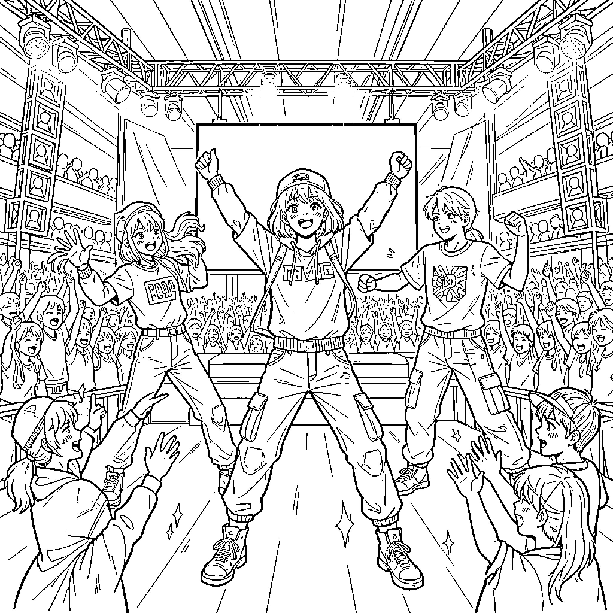 K Pop Warrior Performers Entertain Enthusiastic Audience Coloring Page (free black-and-white line drawing printable PDF for all, from beginners to advanced learners, including children, teens, adults, and seniors)