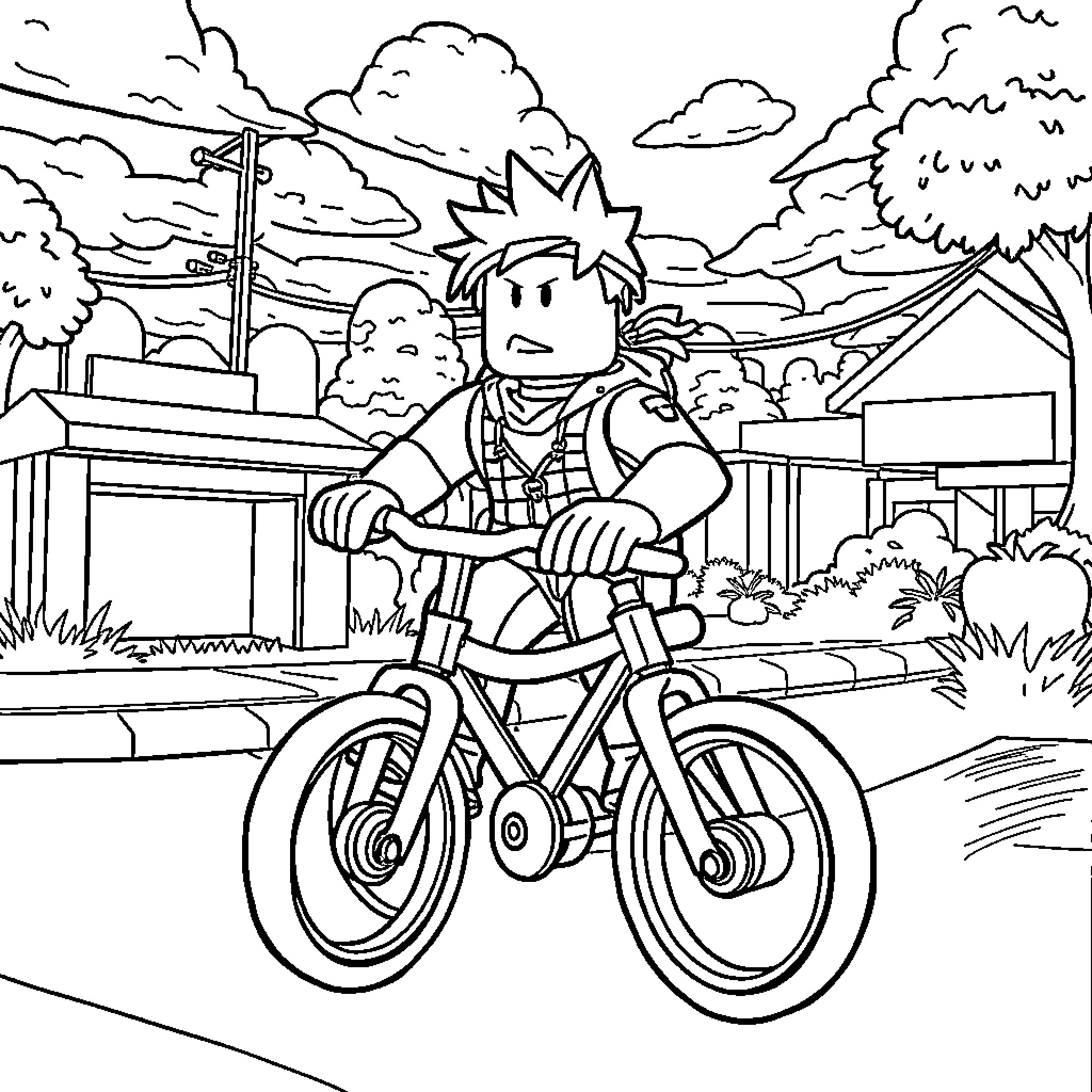 Roblox Character Riding a Bicycle in an Outdoor Scene Coloring Page (free black-and-white line drawing printable PDF for all, from beginners to advanced learners, including children, teens, adults, and seniors)