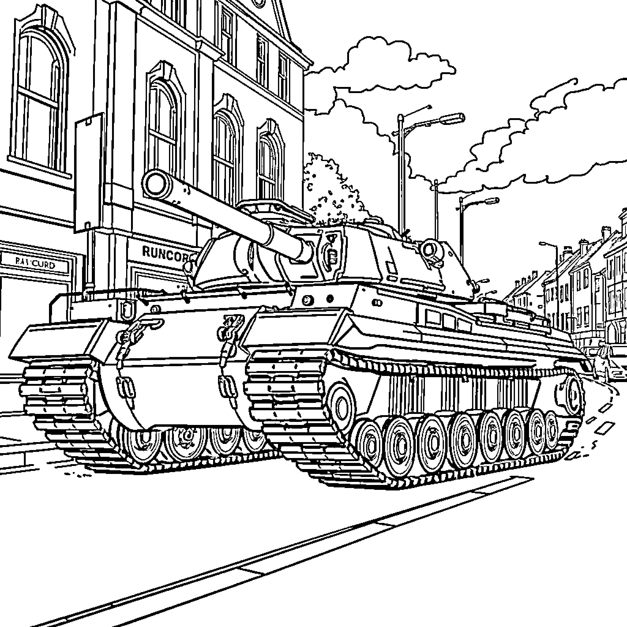 Tiger Tank in Urban Battle Scene Coloring Page (free black-and-white line drawing printable PDF for all, from beginners to advanced learners, including children, teens, adults, and seniors)
