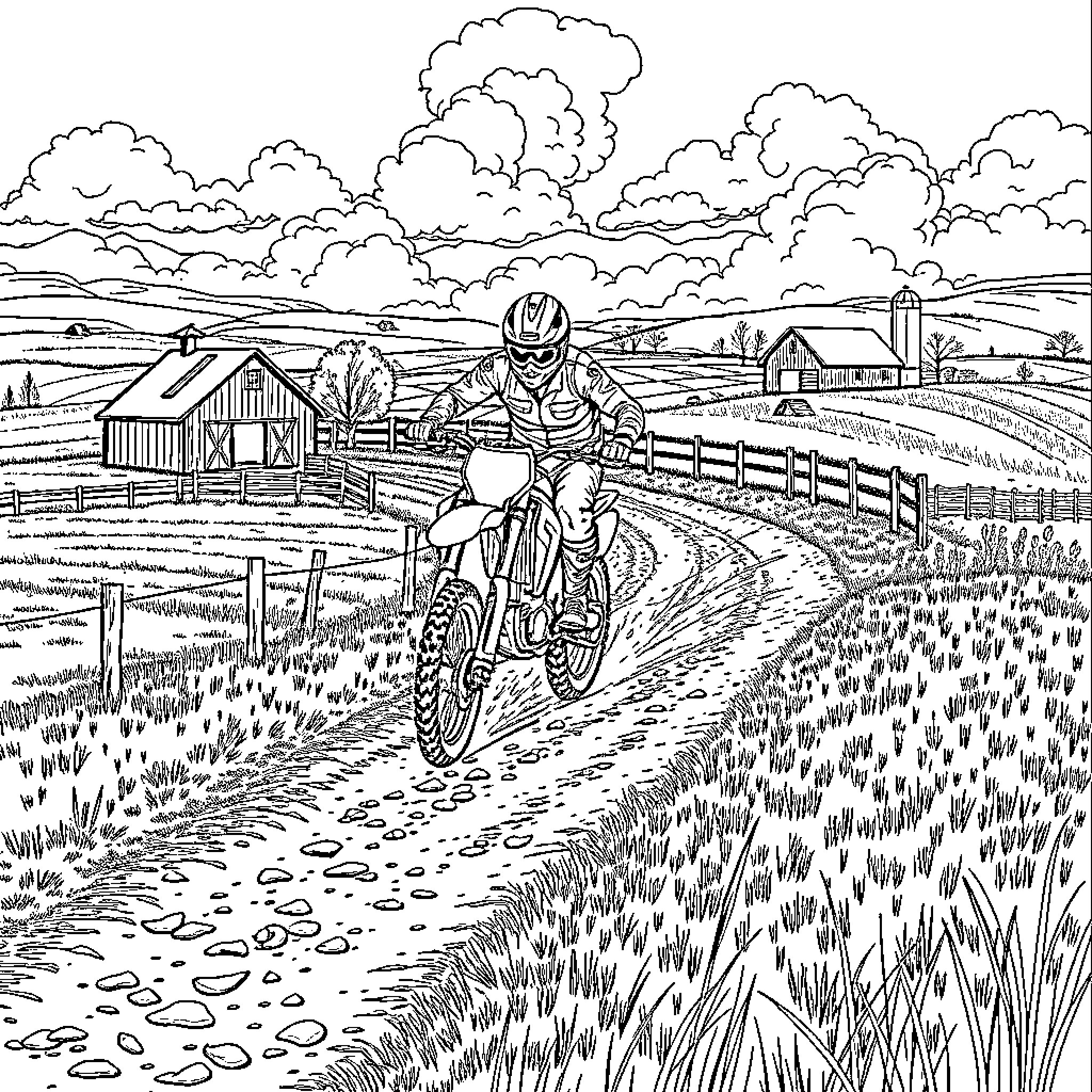 Dirt Biker Navigating Rugged Countryside Landscape Coloring Page (free black-and-white line drawing printable PDF for all, from beginners to advanced learners, including children, teens, adults, and seniors)