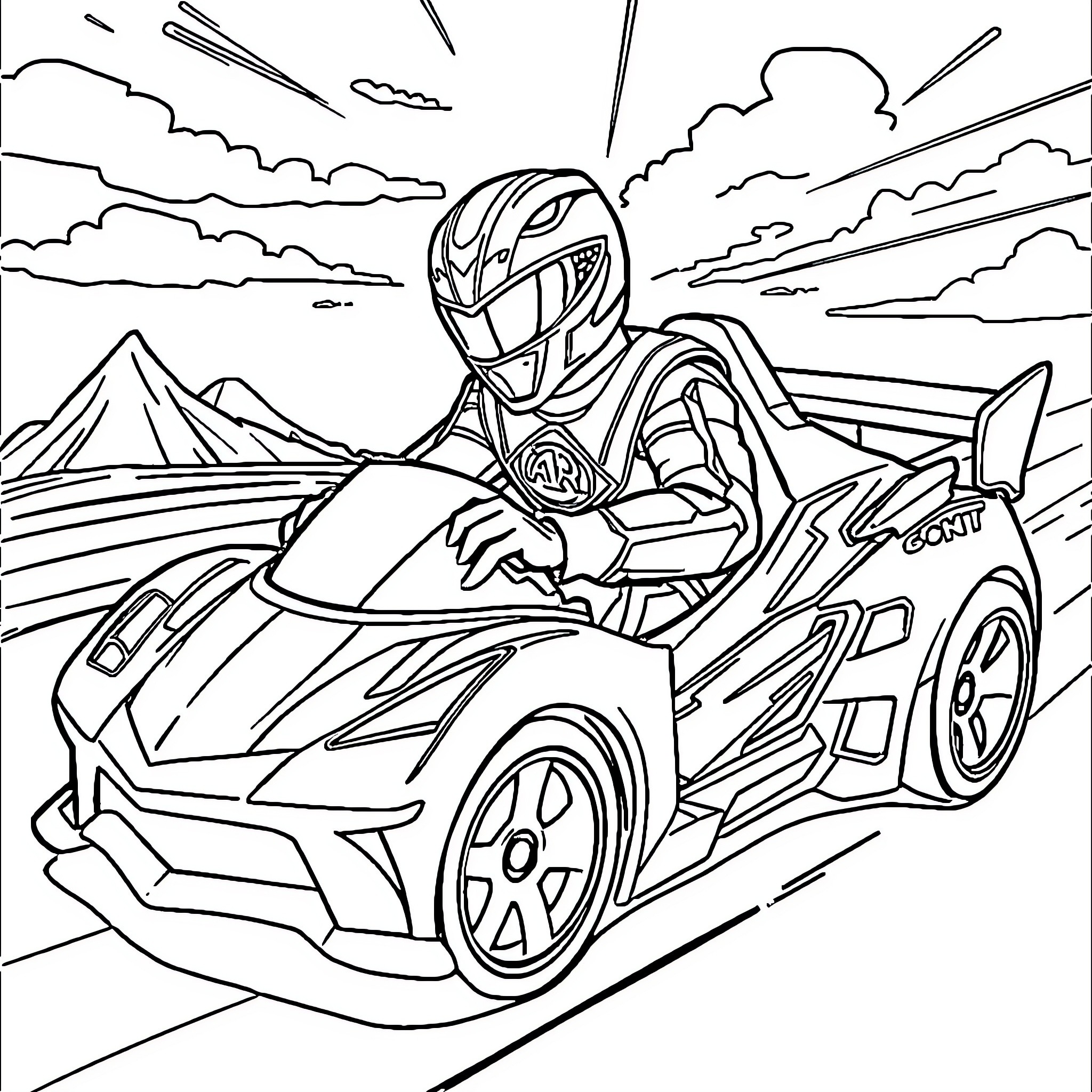 Power Ranger racing sports car in the mountains Coloring Page (free black-and-white line drawing printable PDF for all, from beginners to advanced learners, including children, teens, adults, and seniors)