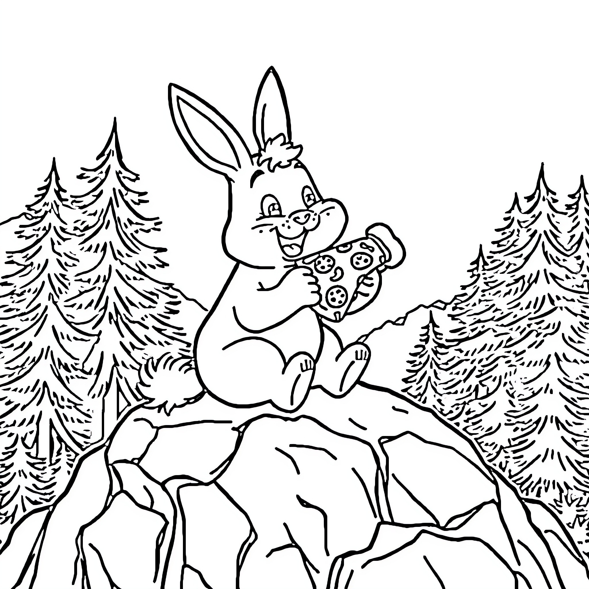 Pinny the Rabbit Explores the Woodland Coloring Page (free black-and-white line drawing printable PDF for all, from beginners to advanced learners, including children, teens, adults, and seniors)