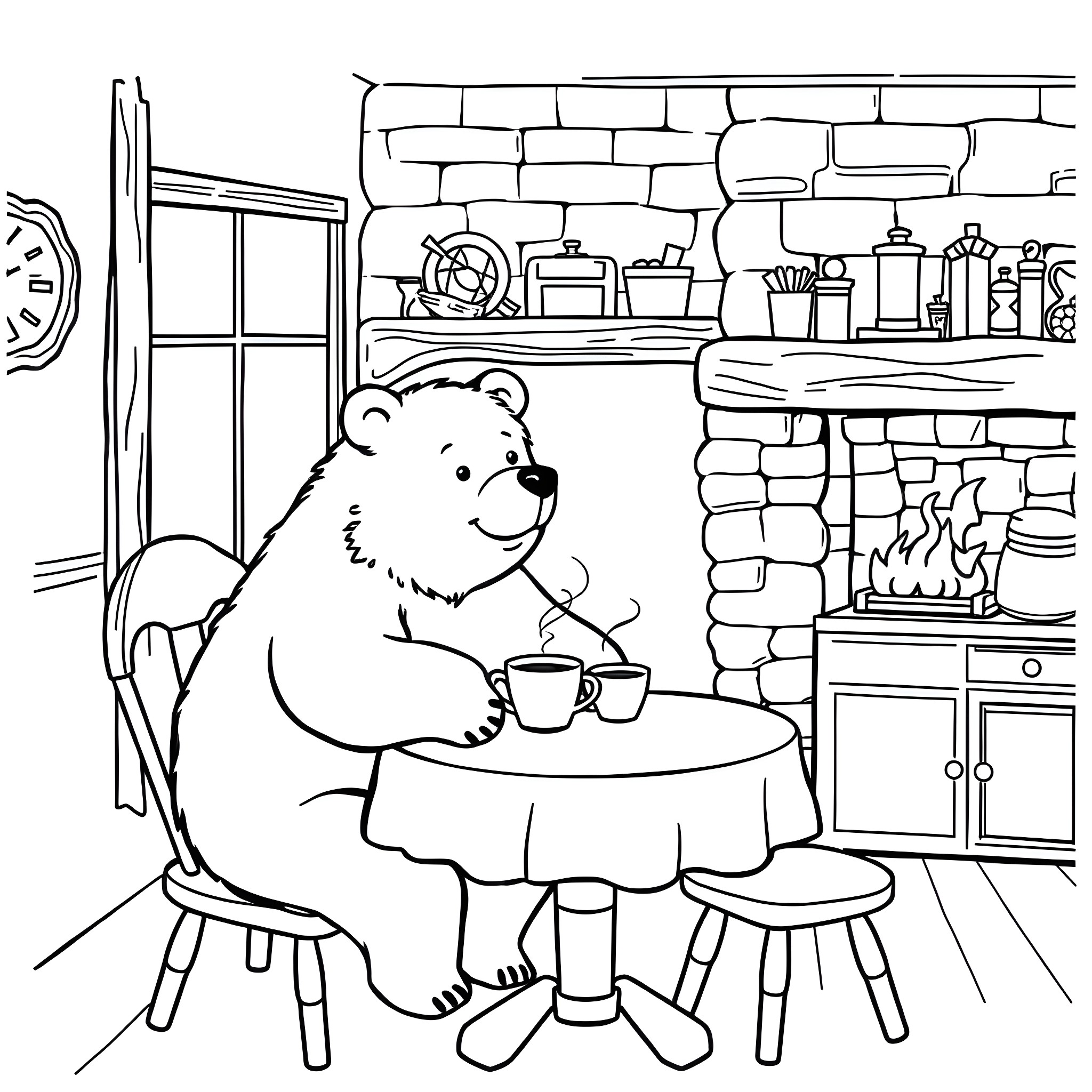 Bear relaxing with a cup of tea in the cozy kitchen Coloring Page (free black-and-white line drawing printable PDF for all, from beginners to advanced learners, including children, teens, adults, and seniors)