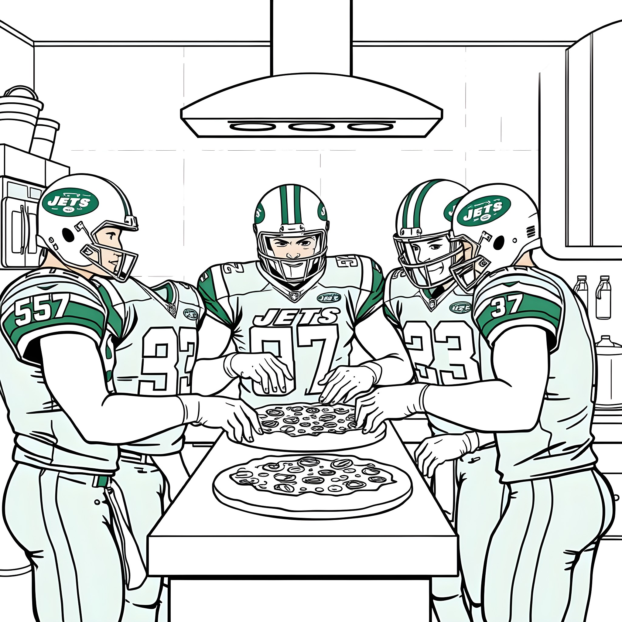 New York Jets Players Enjoying a Team Meal Together Coloring Page (free black-and-white line drawing printable PDF for all, from beginners to advanced learners, including children, teens, adults, and seniors)