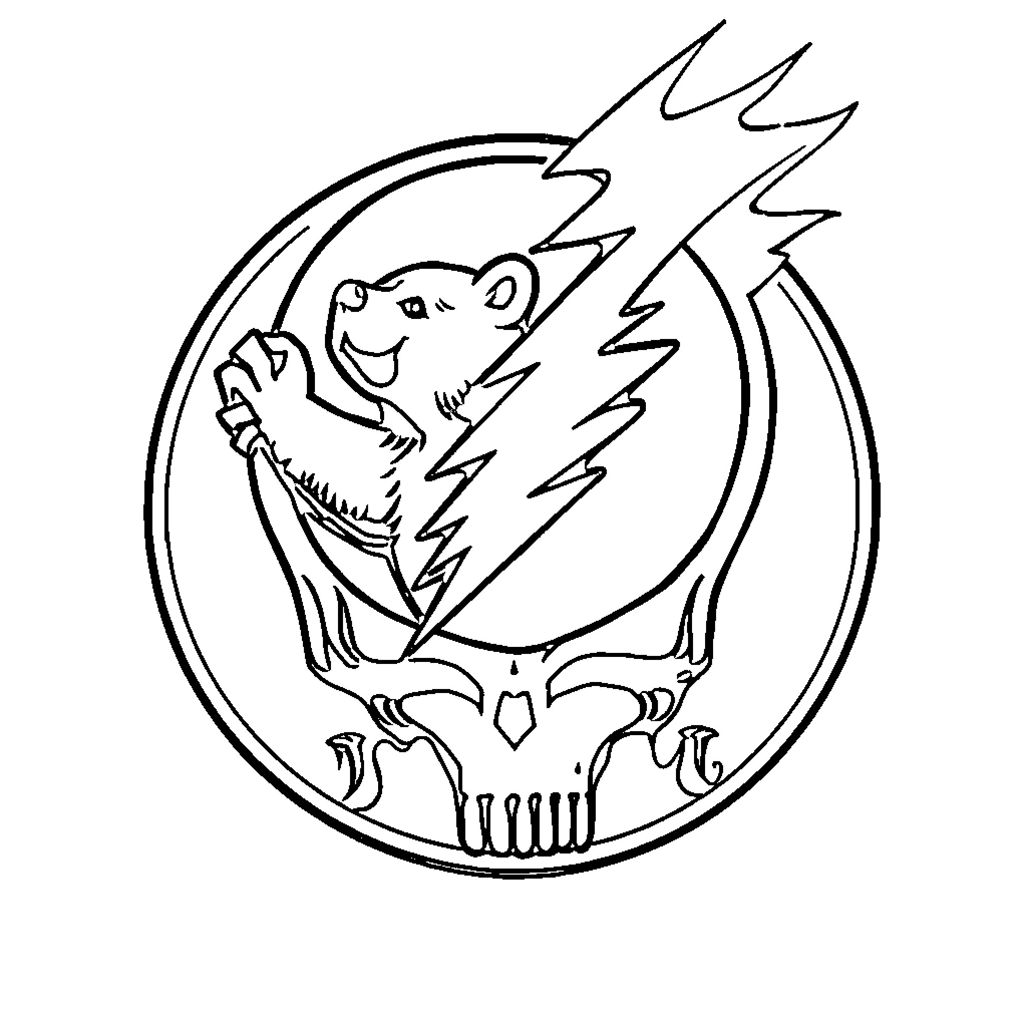 Grateful Dead Playful Critter in Bold Outline Coloring Page (free black-and-white line drawing printable PDF for all, from beginners to advanced learners, including children, teens, adults, and seniors)