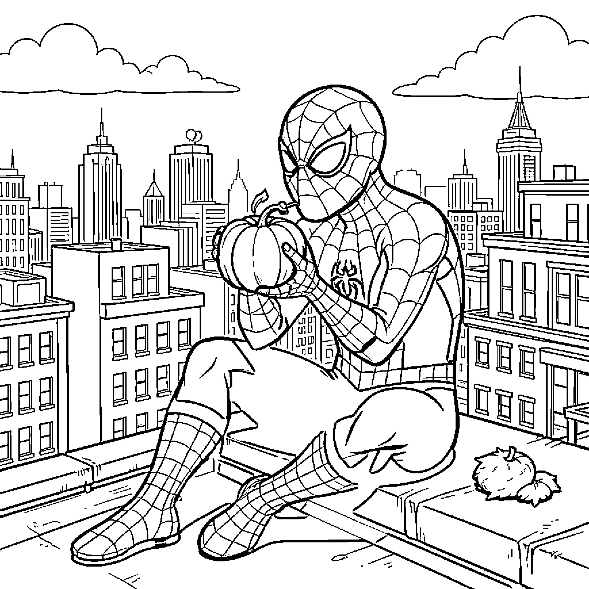 Spiderman saving the city Coloring Page (free black-and-white line drawing printable PDF for all, from beginners to advanced learners, including children, teens, adults, and seniors)