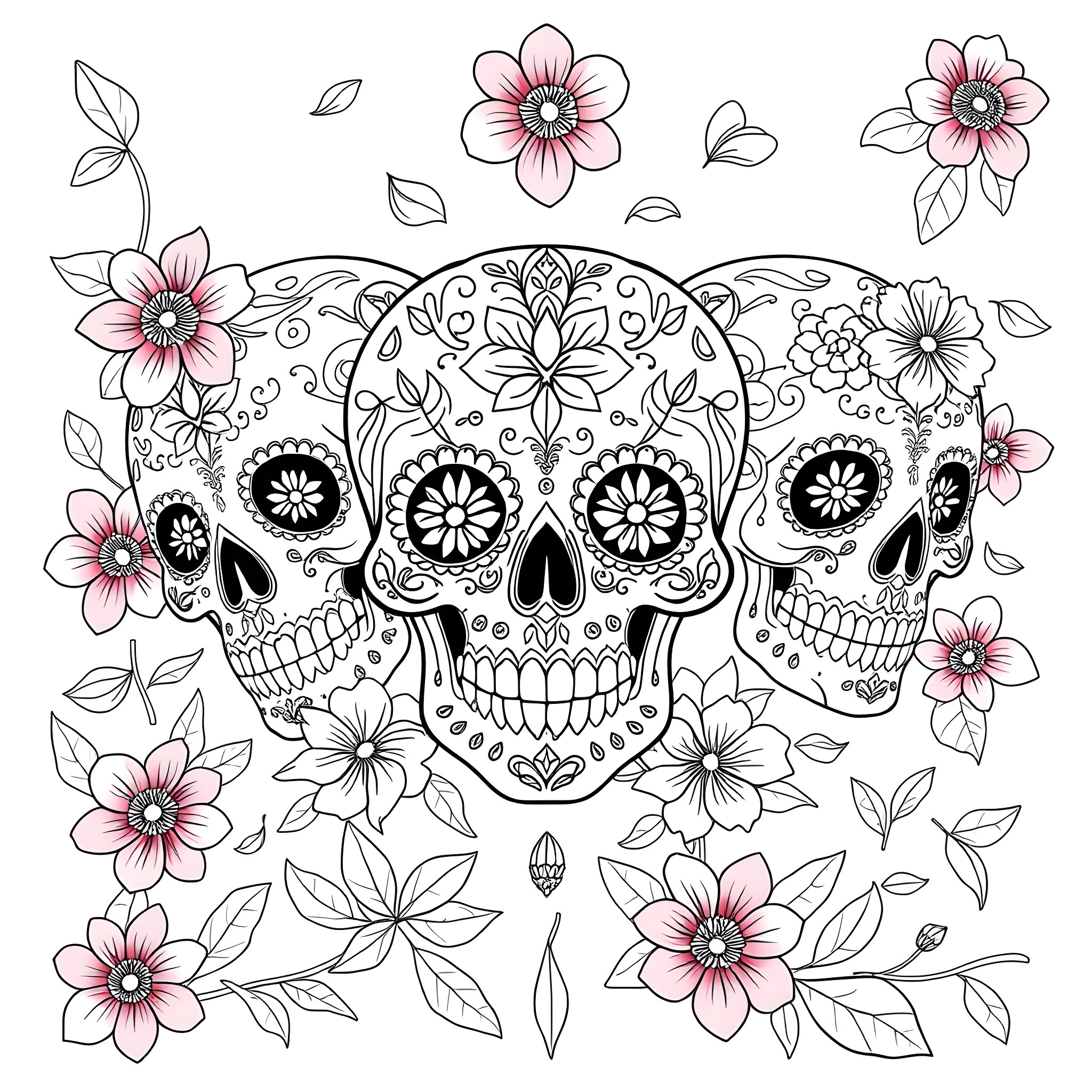 Sugar Skull Floral Arrangement with Decorative Patterns Coloring Page (free black-and-white line drawing printable PDF for all, from beginners to advanced learners, including children, teens, adults, and seniors)