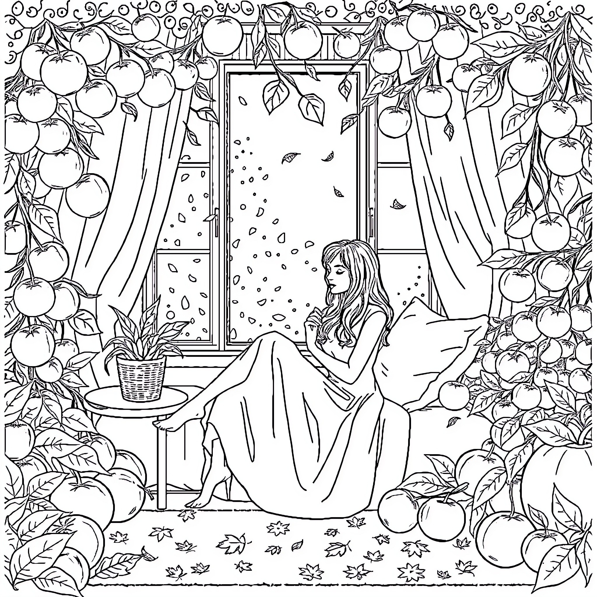 Woman sitting by the window surrounded by autumn leaves Coloring Page (free black-and-white line drawing printable PDF for all, from beginners to advanced learners, including children, teens, adults, and seniors)