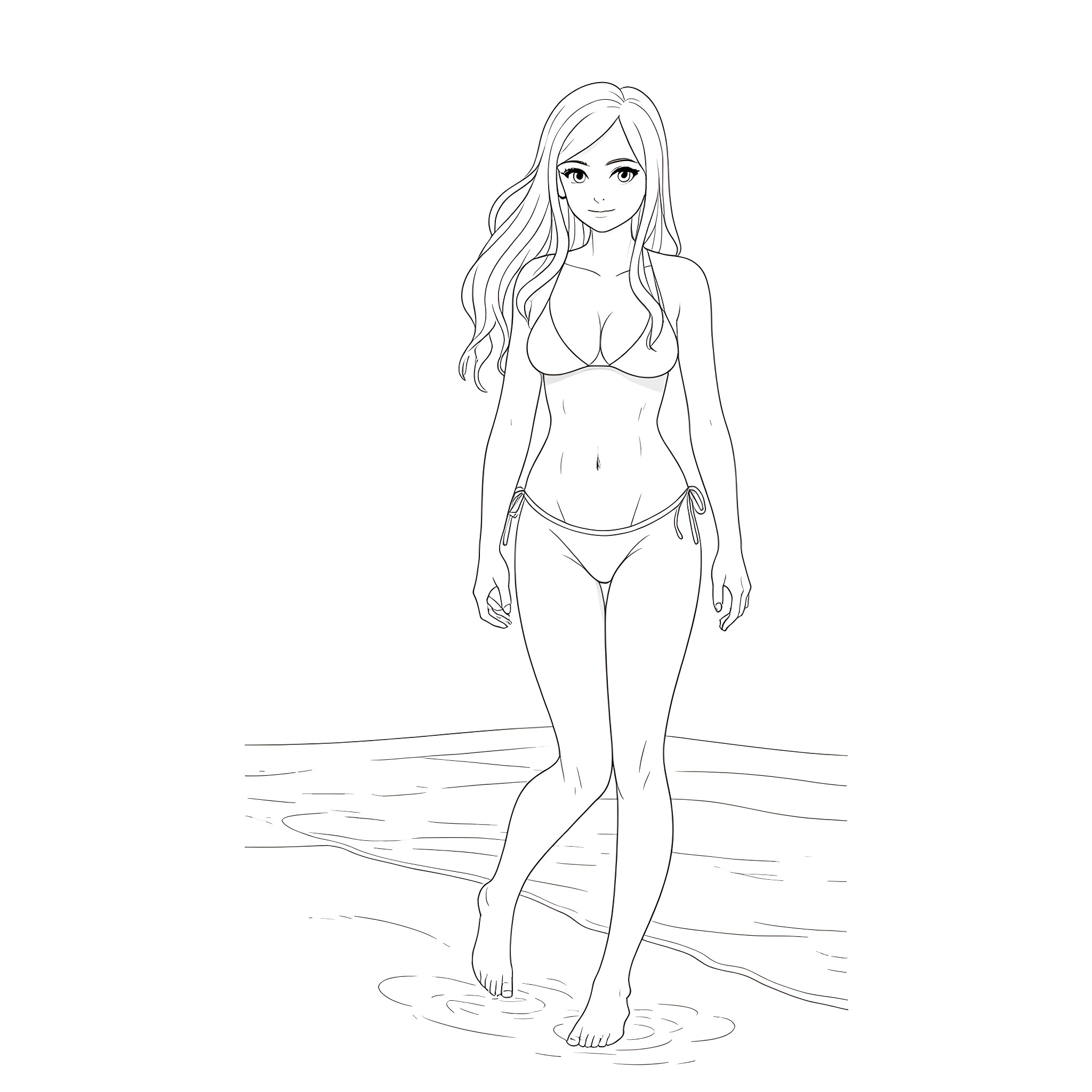 Hinata standing confidently on the beach Coloring Page (free black-and-white line drawing printable PDF for all, from beginners to advanced learners, including children, teens, adults, and seniors)