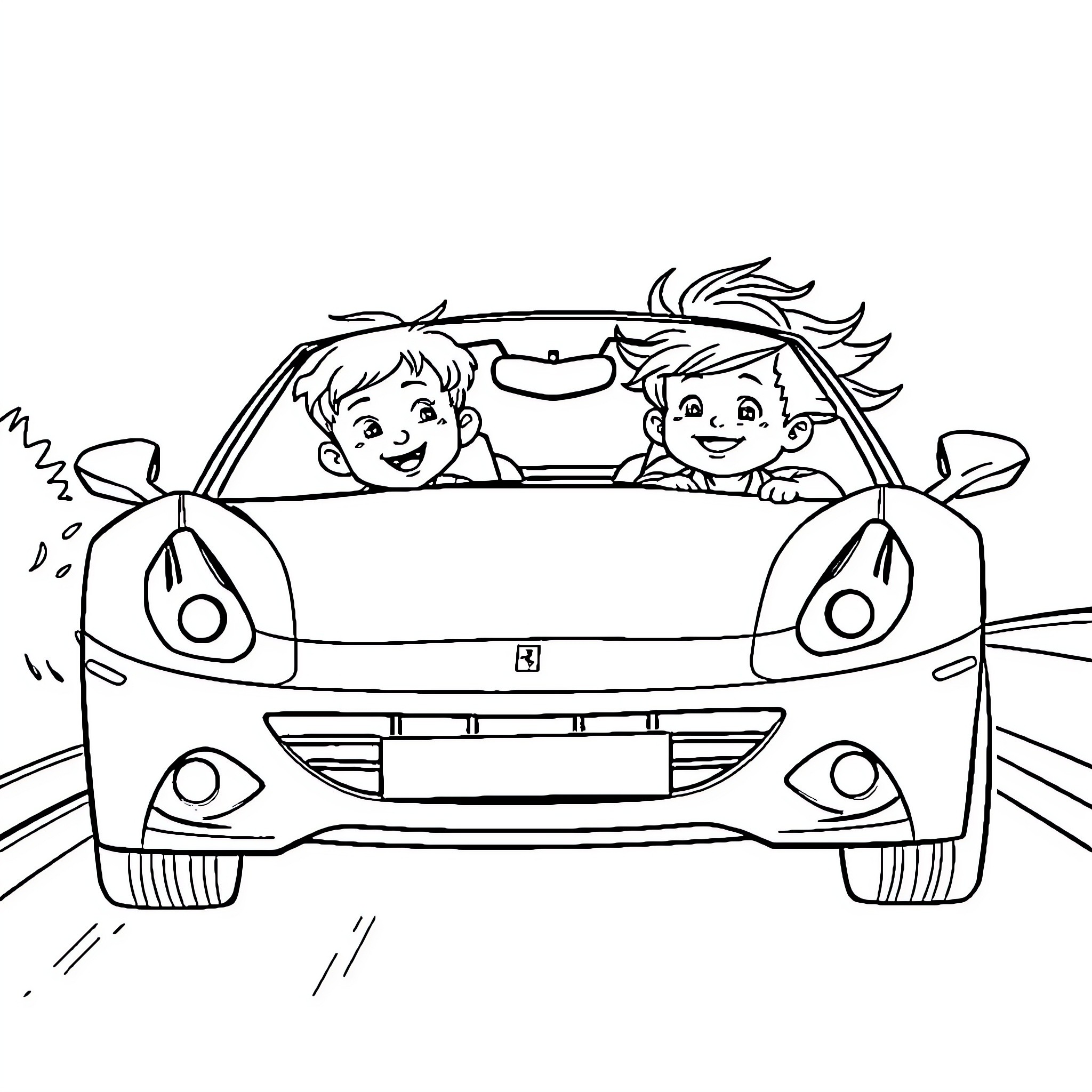 Ferrari boys enjoying a joyride together Coloring Page (free black-and-white line drawing printable PDF for all, from beginners to advanced learners, including children, teens, adults, and seniors)