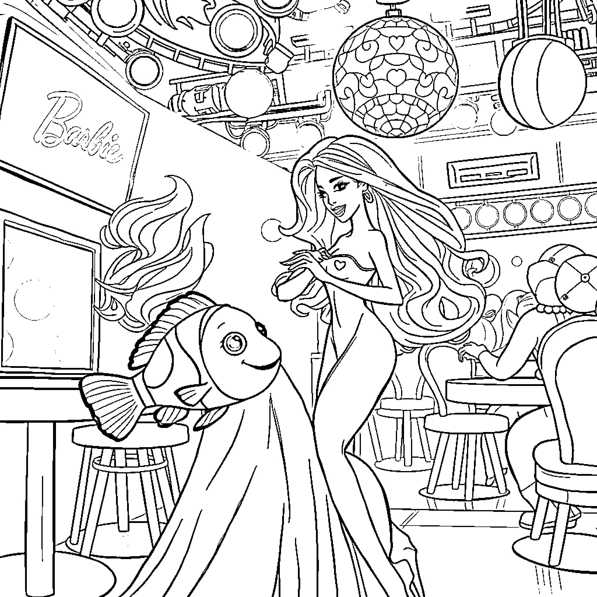 Barbie's Magical Wonderland Coloring Page (free black-and-white line drawing printable PDF for all, from beginners to advanced learners, including children, teens, adults, and seniors)