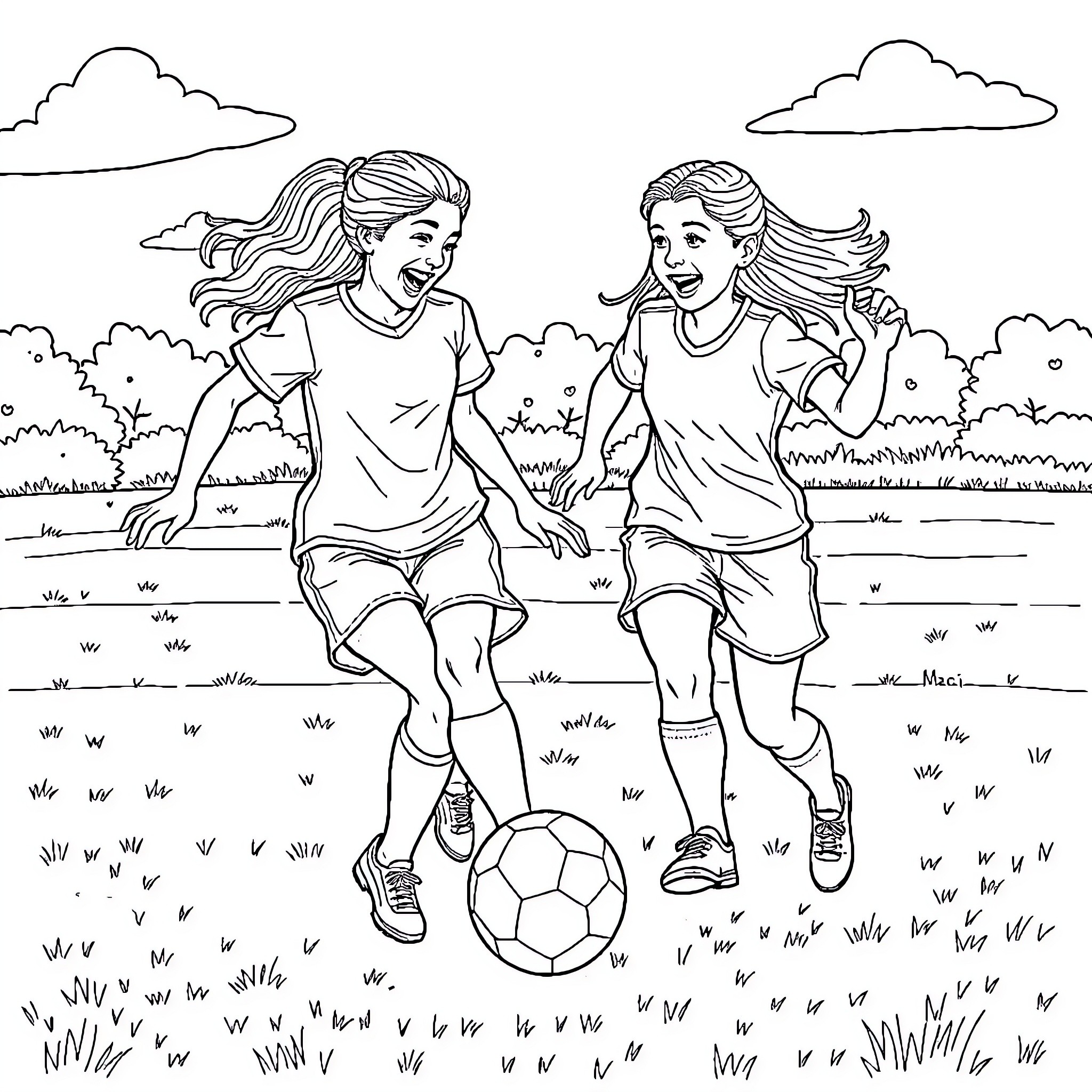 Soccer players enjoying friendly game outdoors Coloring Page (free black-and-white line drawing printable PDF for all, from beginners to advanced learners, including children, teens, adults, and seniors)