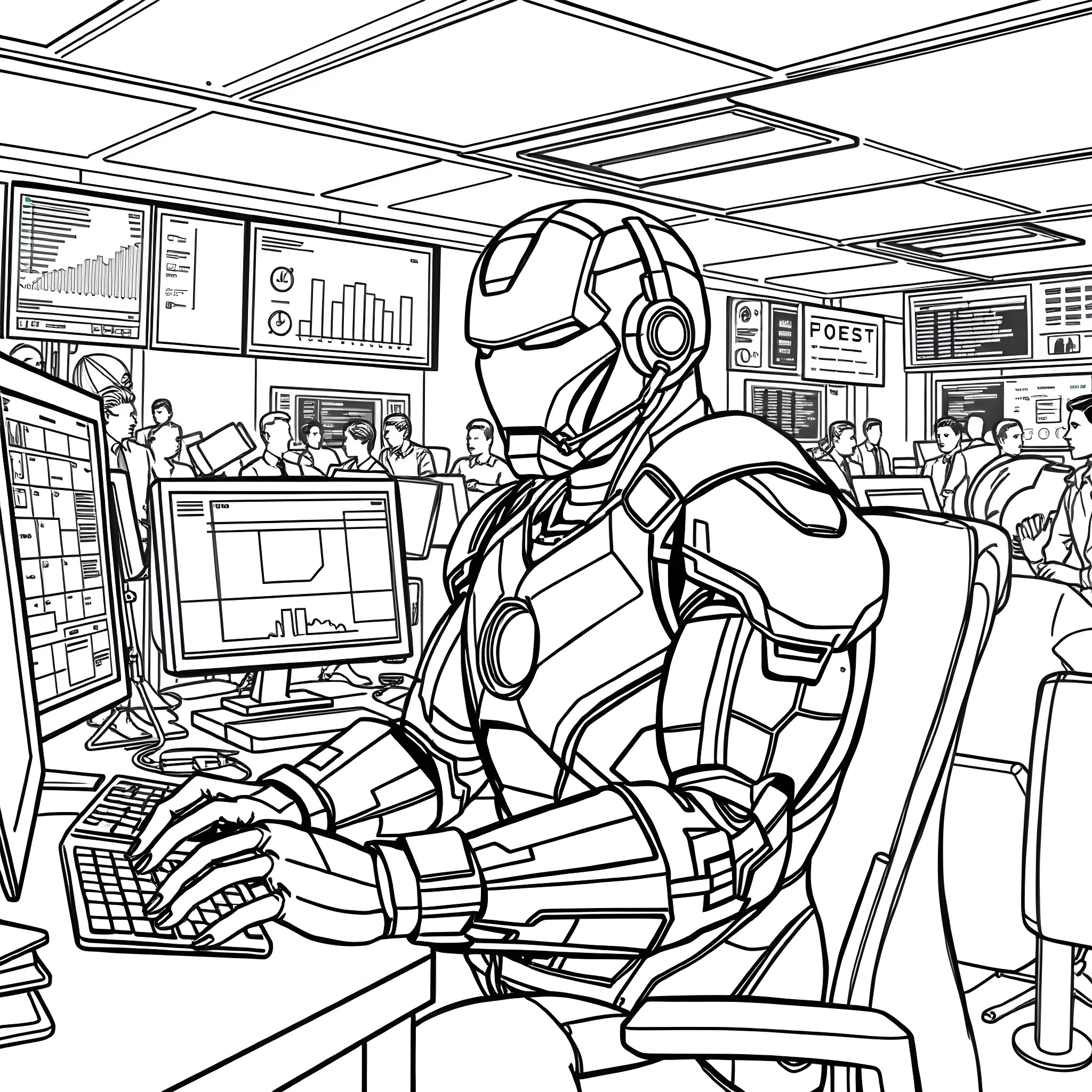 Ironman at Futuristic Tech Command Center Coloring Page (free black-and-white line drawing printable PDF for all, from beginners to advanced learners, including children, teens, adults, and seniors)