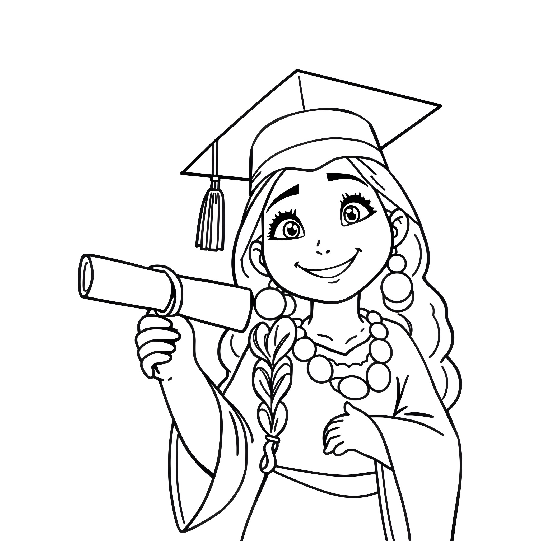 Moana celebrating her graduation with diploma Coloring Page (free black-and-white line drawing printable PDF for all, from beginners to advanced learners, including children, teens, adults, and seniors)