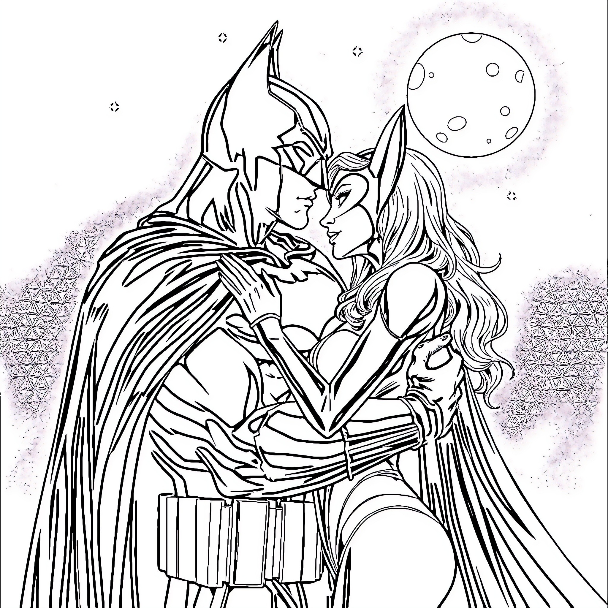 Batman embracing a female companion under the moonlight Coloring Page (free black-and-white line drawing printable PDF for all, from beginners to advanced learners, including children, teens, adults, and seniors)