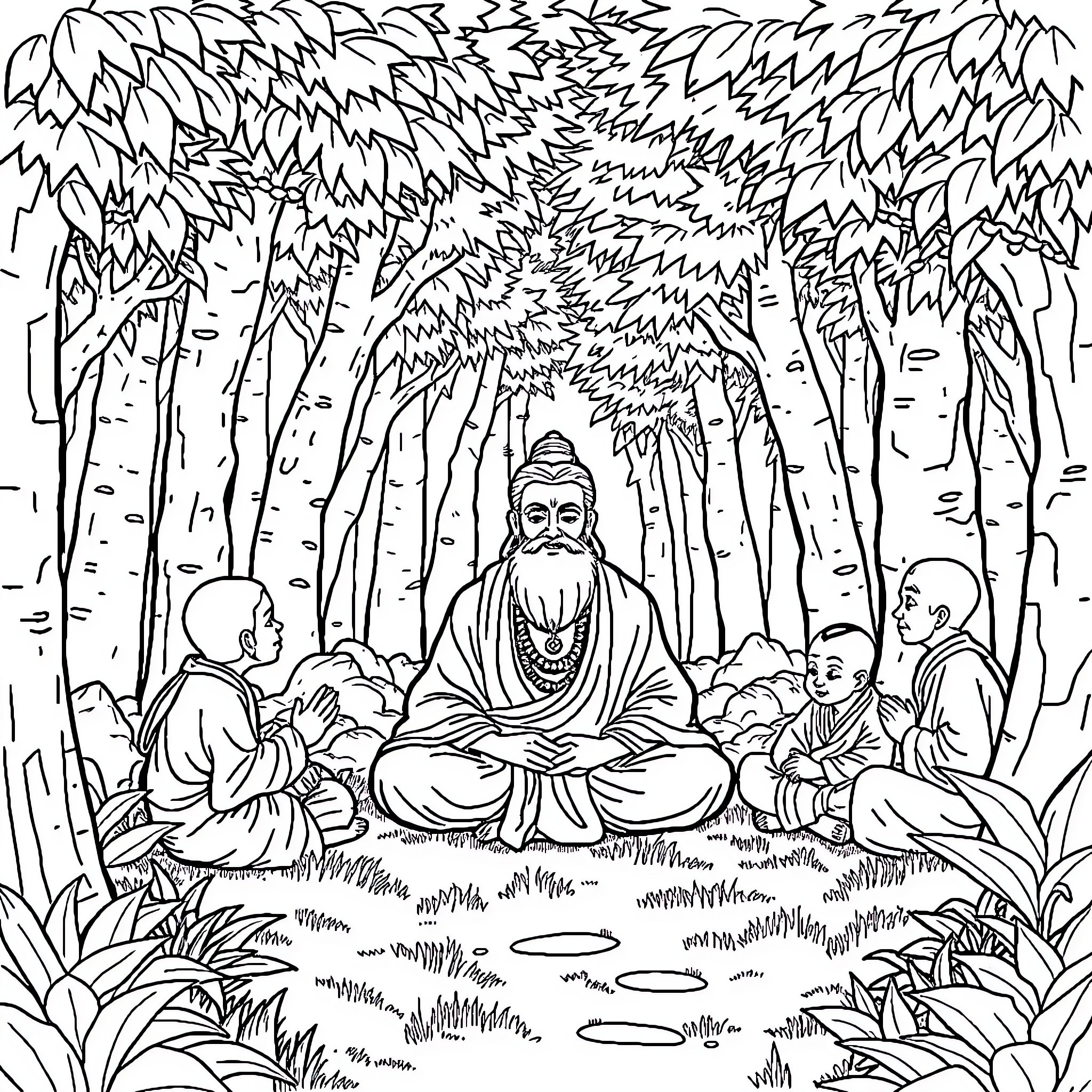 Guru Meditating with Disciples in Serene Forest Coloring Page (free black-and-white line drawing printable PDF for all, from beginners to advanced learners, including children, teens, adults, and seniors)