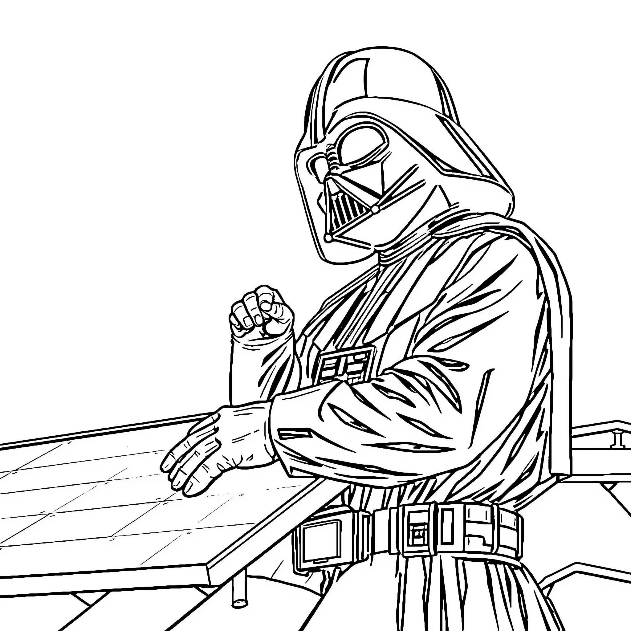 Darth Vader contemplating the Dark Side Coloring Page (free black-and-white line drawing printable PDF for all, from beginners to advanced learners, including children, teens, adults, and seniors)