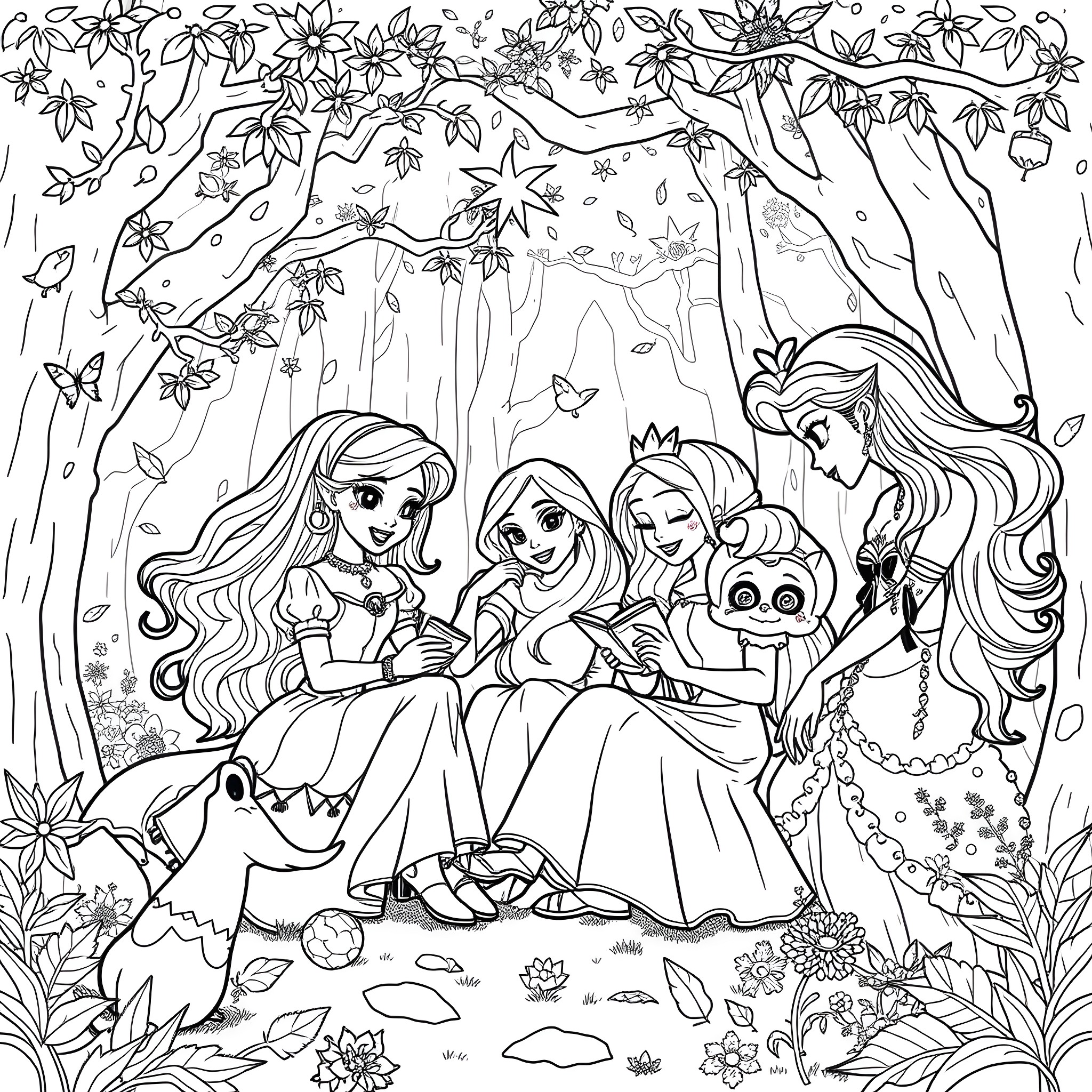Monster High Characters Enjoying Nature Outdoors Coloring Page (free black-and-white line drawing printable PDF for all, from beginners to advanced learners, including children, teens, adults, and seniors)