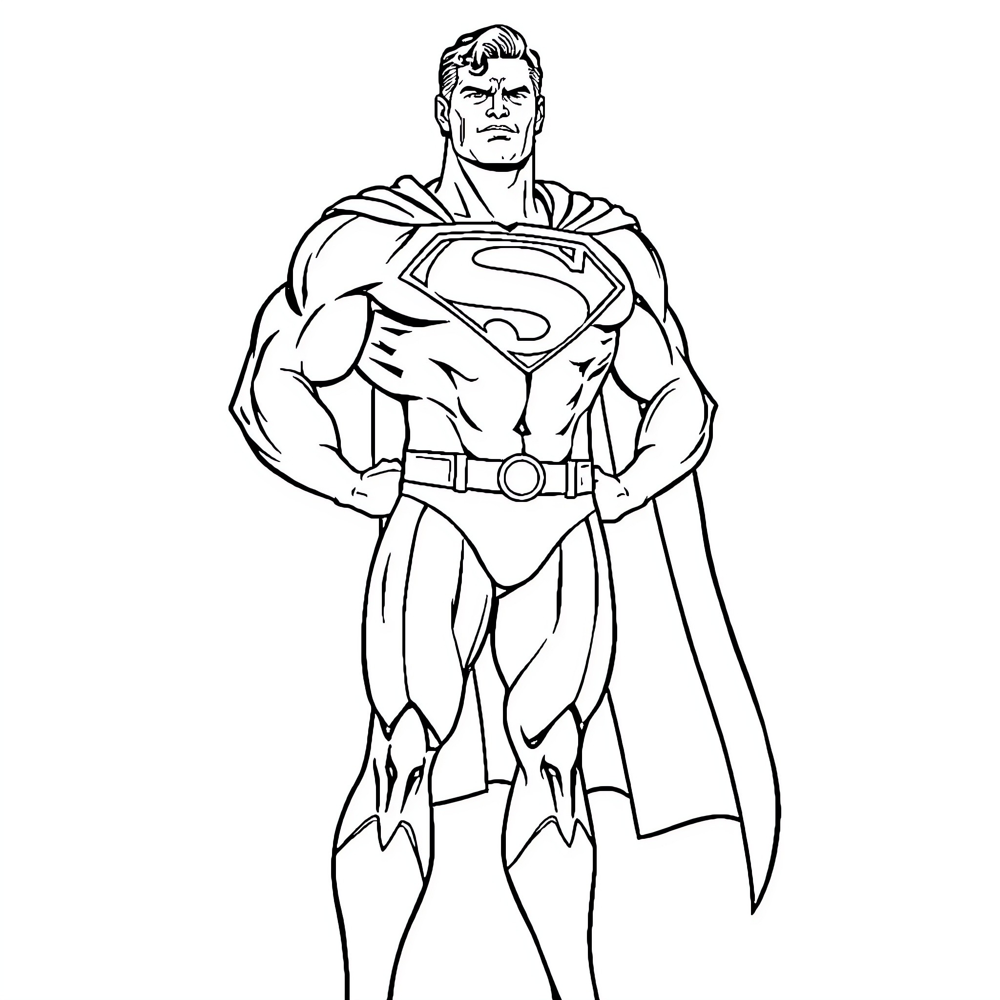 Superman standing tall with confidence Coloring Page (free black-and-white line drawing printable PDF for all, from beginners to advanced learners, including children, teens, adults, and seniors)