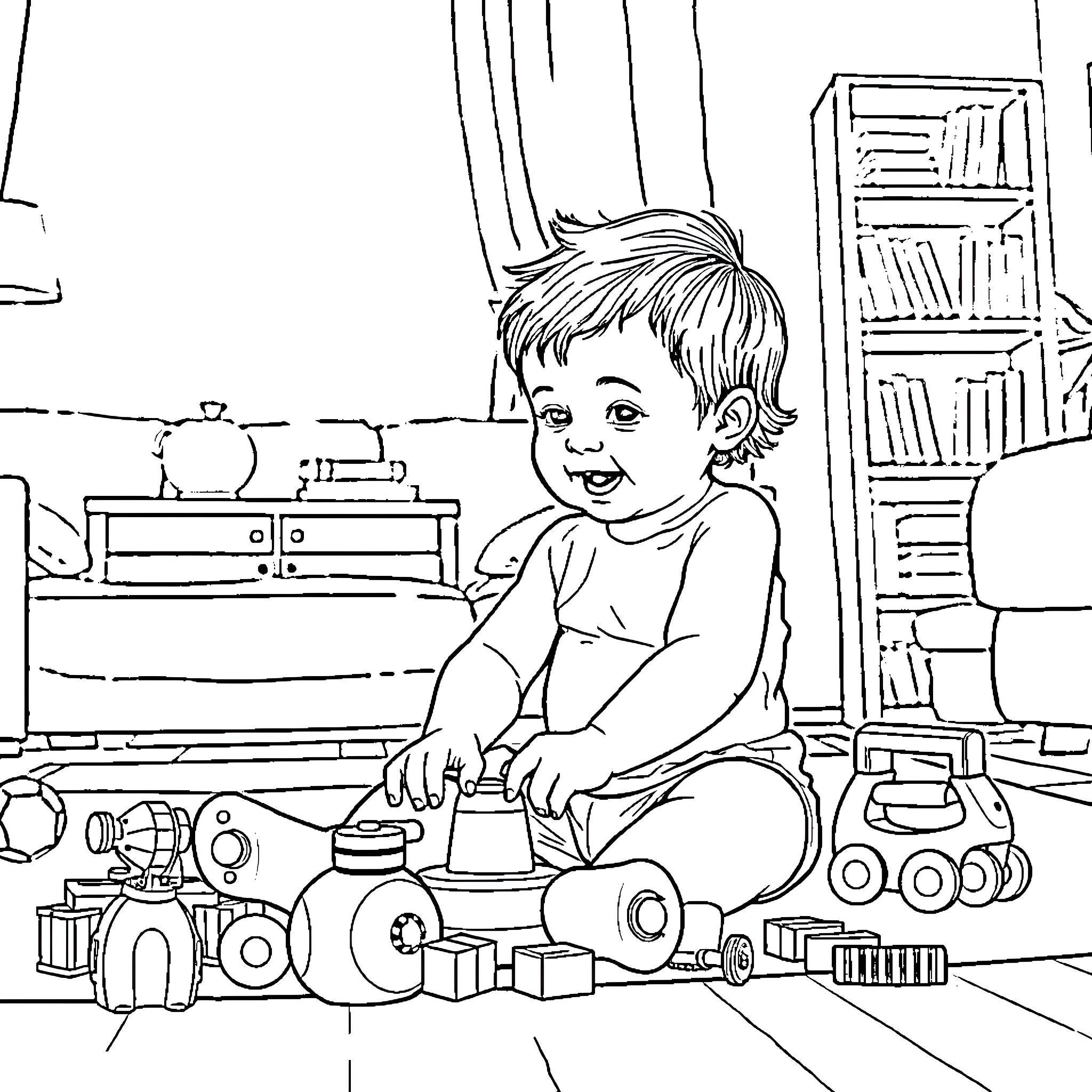 Toddler playing with toys on the floor Coloring Page (free black-and-white line drawing printable PDF for all, from beginners to advanced learners, including children, teens, adults, and seniors)