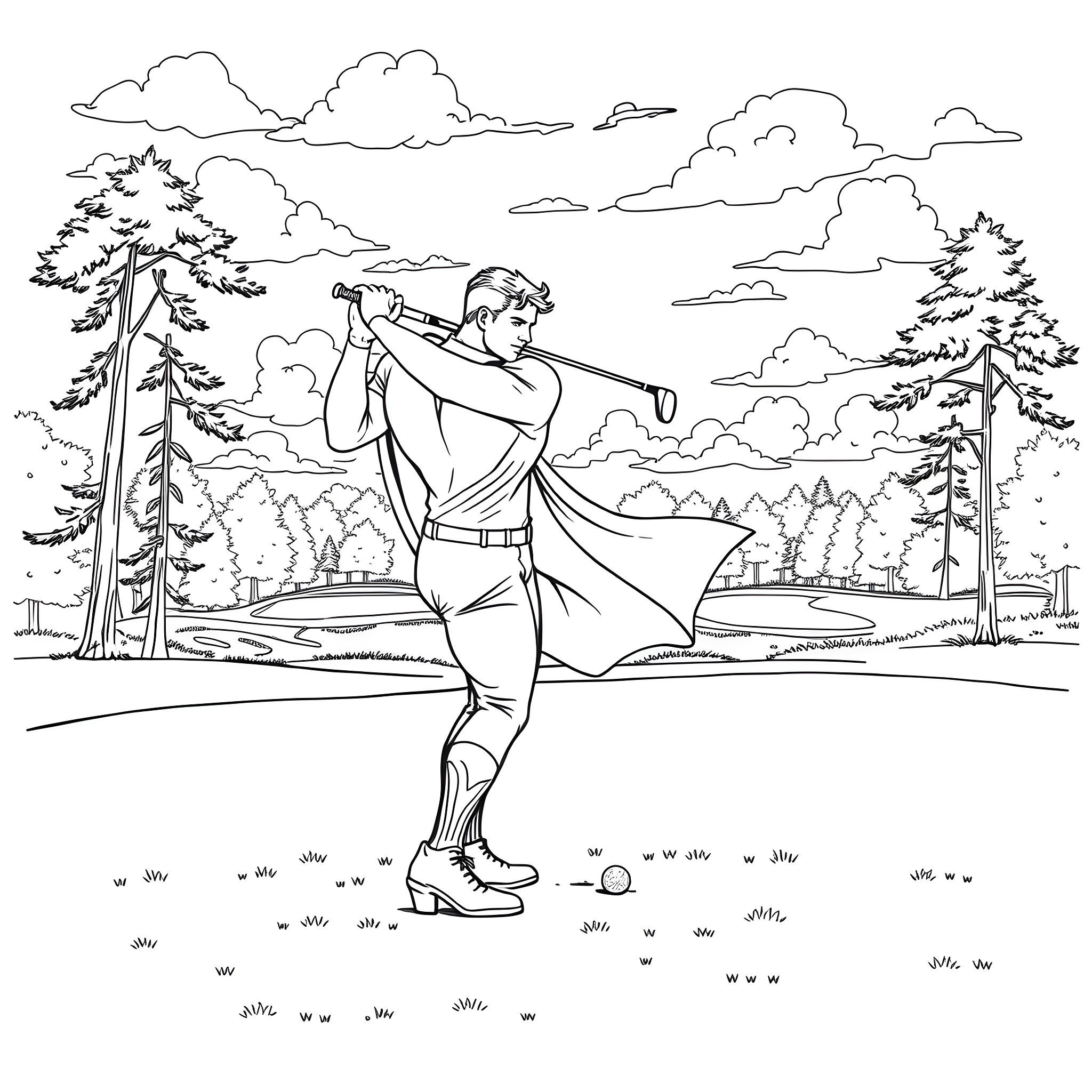 Superman exploring the countryside landscape Coloring Page (free black-and-white line drawing printable PDF for all, from beginners to advanced learners, including children, teens, adults, and seniors)