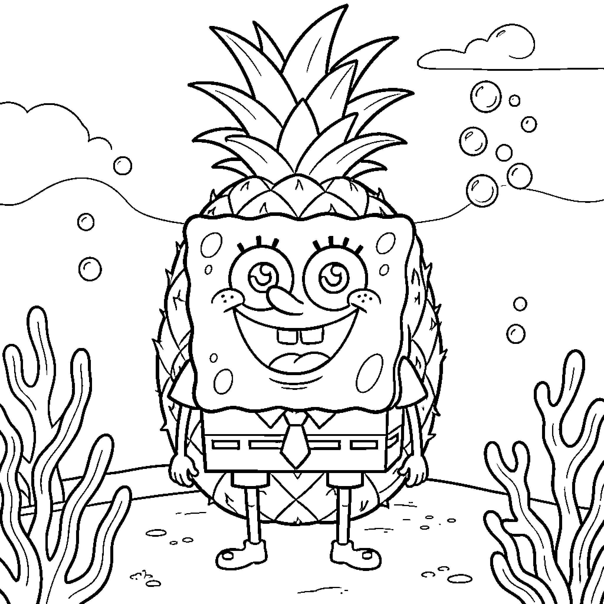 Spongebob having a fun underwater adventure Coloring Page (free black-and-white line drawing printable PDF for all, from beginners to advanced learners, including children, teens, adults, and seniors)