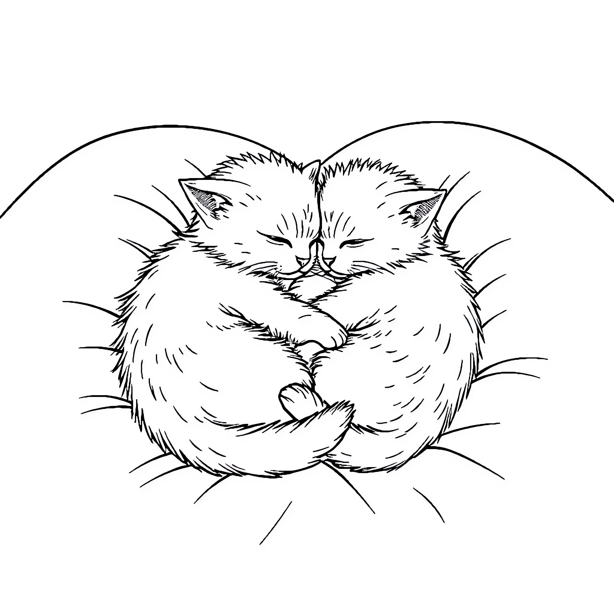 Cat cuddling itself contentedly Coloring Page (free black-and-white line drawing printable PDF for all, from beginners to advanced learners, including children, teens, adults, and seniors)