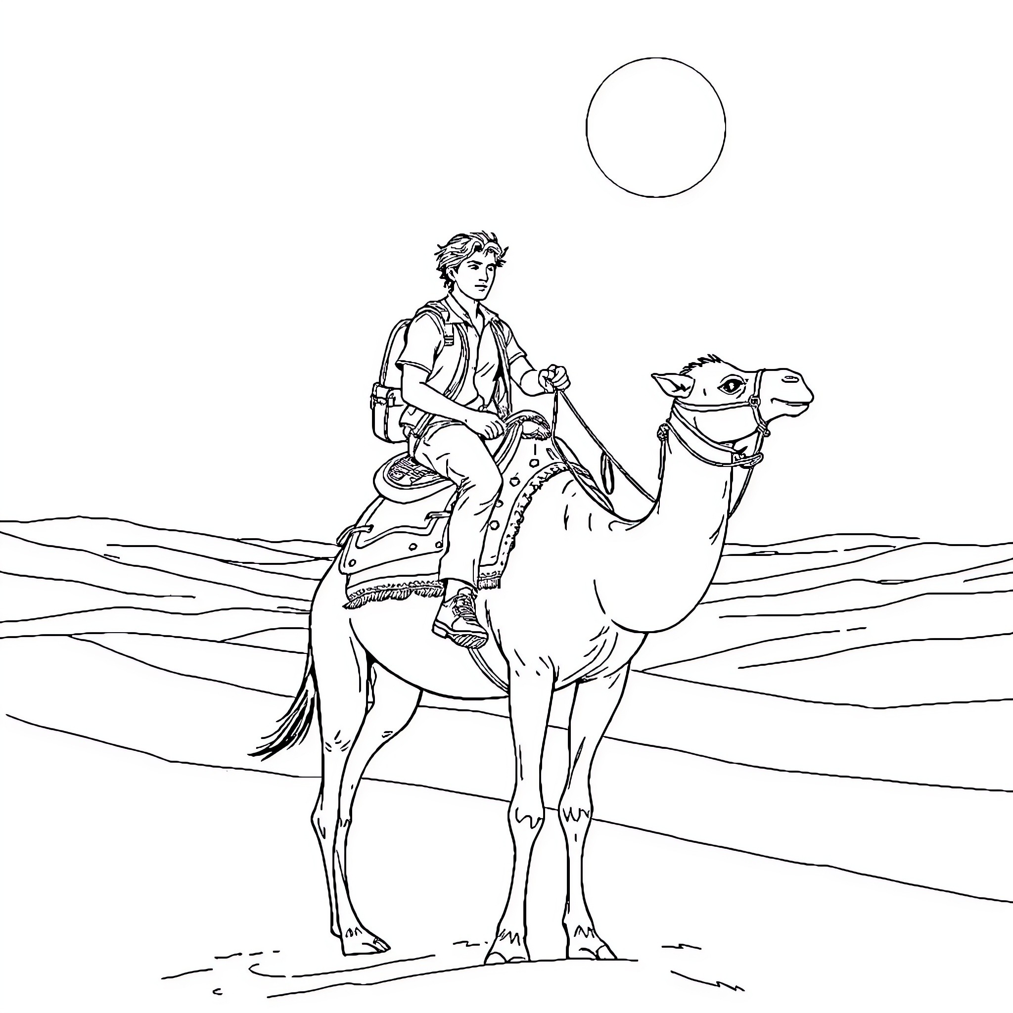 Dean Winchester riding a camel in the desert Coloring Page (free black-and-white line drawing printable PDF for all, from beginners to advanced learners, including children, teens, adults, and seniors)