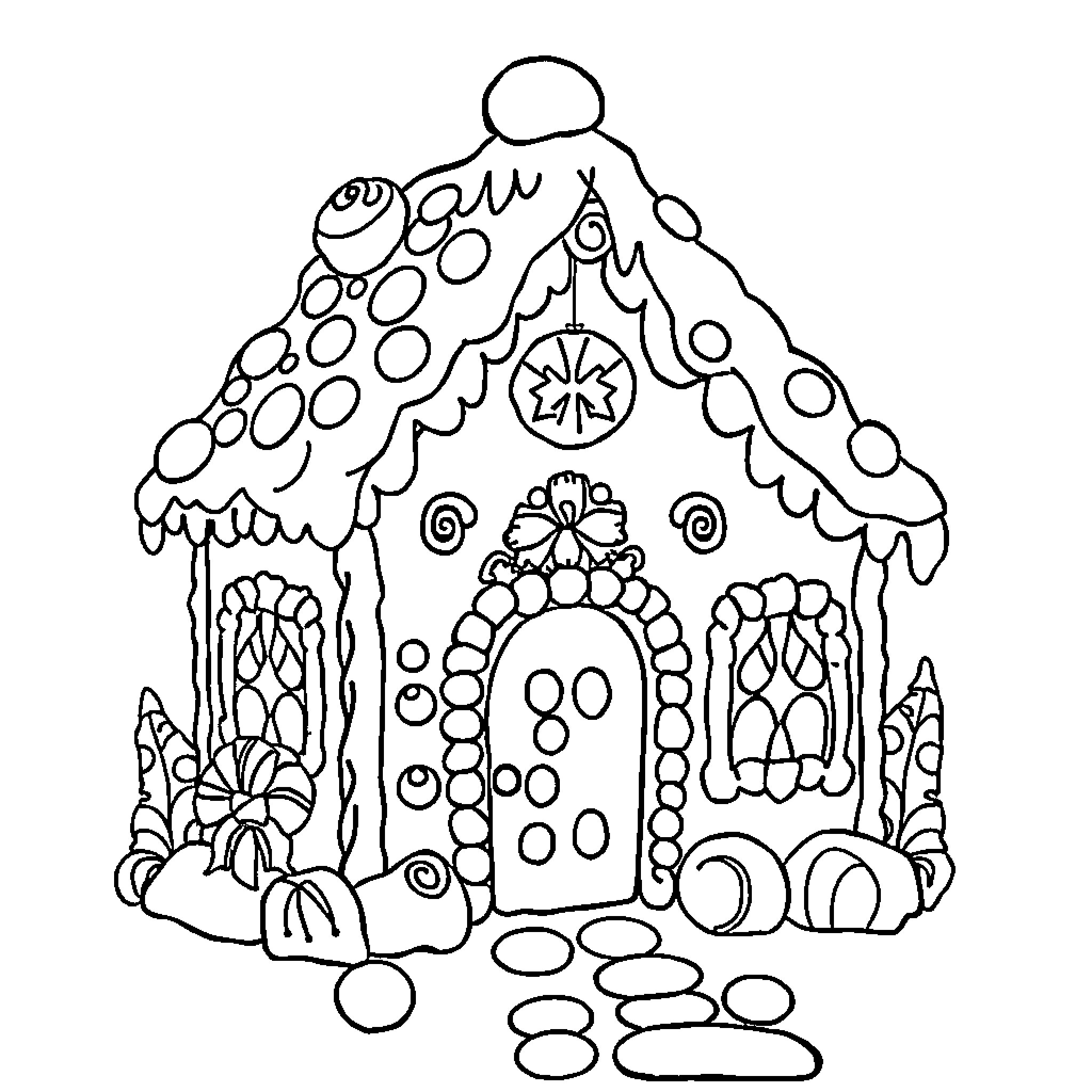 Gingerbread House with whimsical decorations Coloring Page (free black-and-white line drawing printable PDF for all, from beginners to advanced learners, including children, teens, adults, and seniors)
