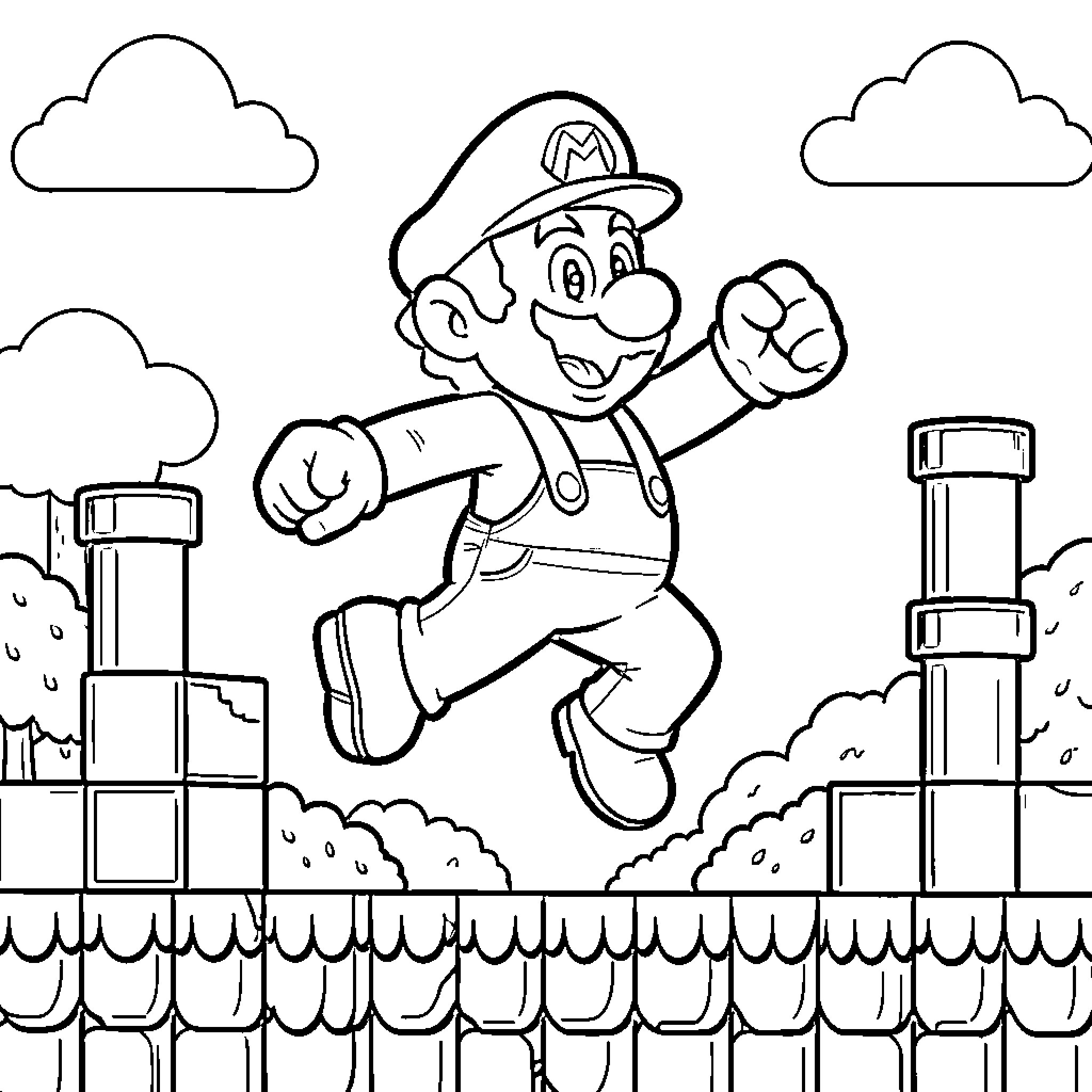Super Mario jumping joyfully through the Mushroom Kingdom Coloring Page (free black-and-white line drawing printable PDF for all, from beginners to advanced learners, including children, teens, adults, and seniors)
