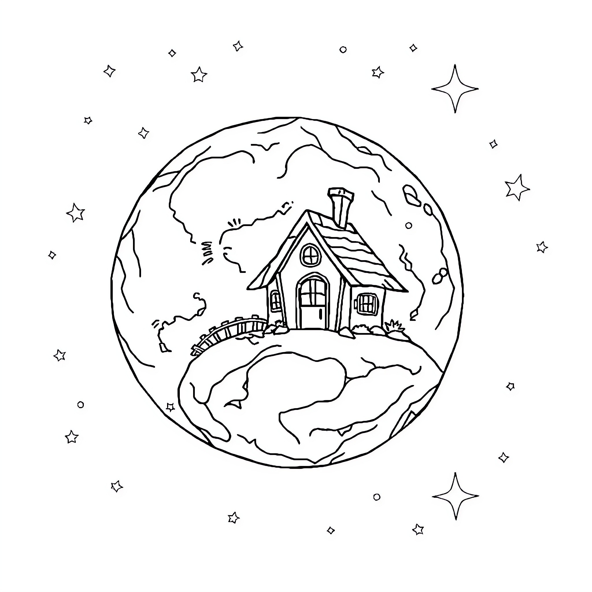 Cottage in the starry night sky Coloring Page (free black-and-white line drawing printable PDF for all, from beginners to advanced learners, including children, teens, adults, and seniors)