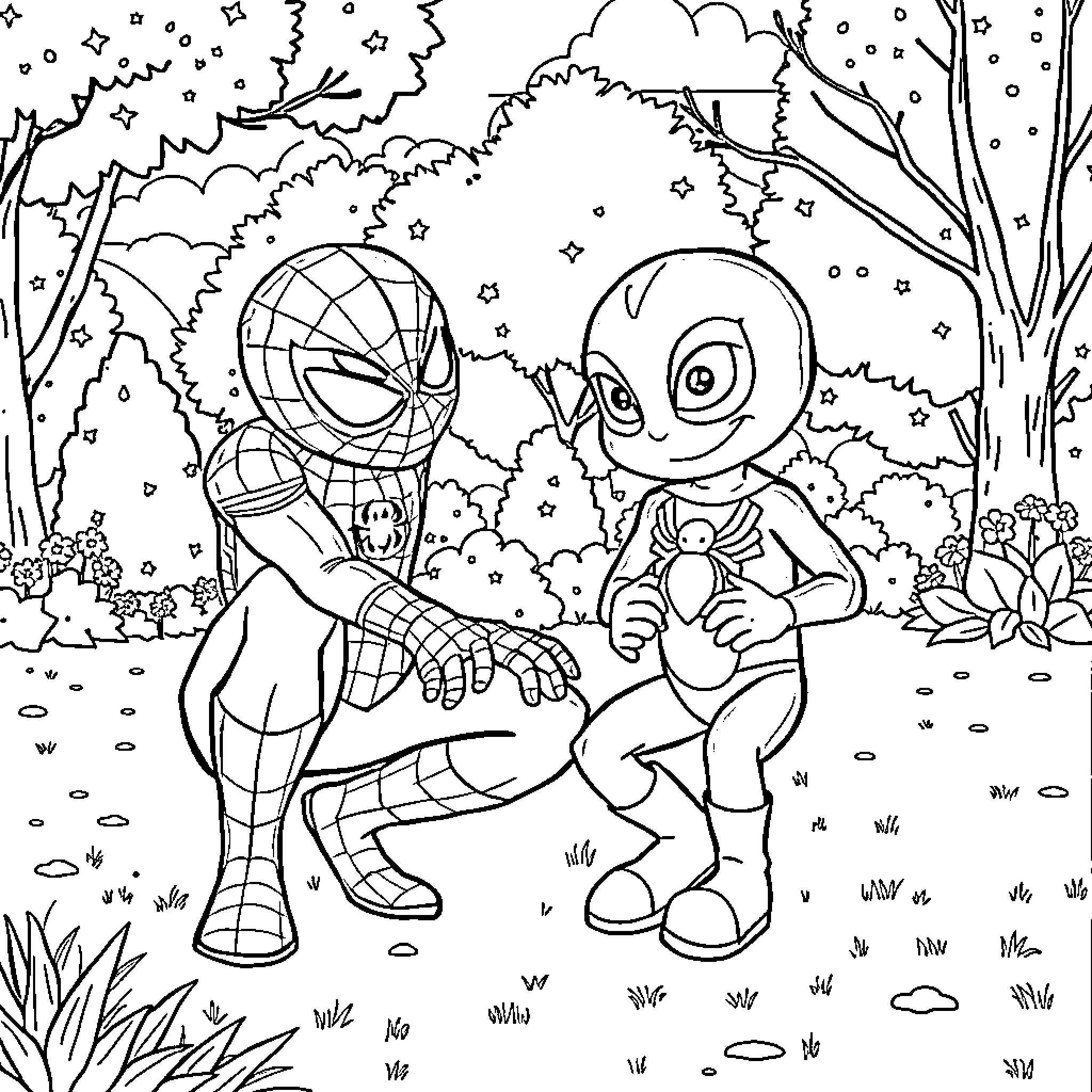 Spiderman and Little Boy in the Woods Coloring Page (free black-and-white line drawing printable PDF for all, from beginners to advanced learners, including children, teens, adults, and seniors)