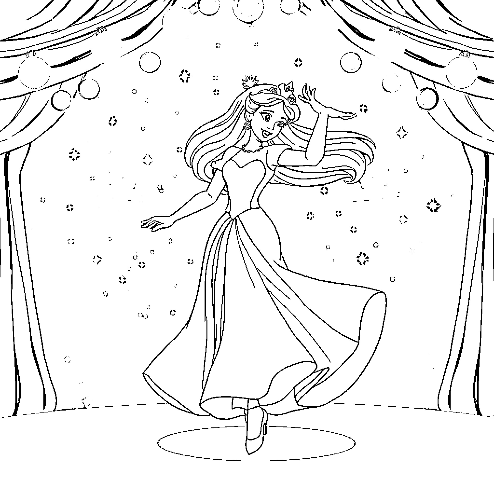 Disney Princess dancing gracefully on stage Coloring Page (free black-and-white line drawing printable PDF for all, from beginners to advanced learners, including children, teens, adults, and seniors)