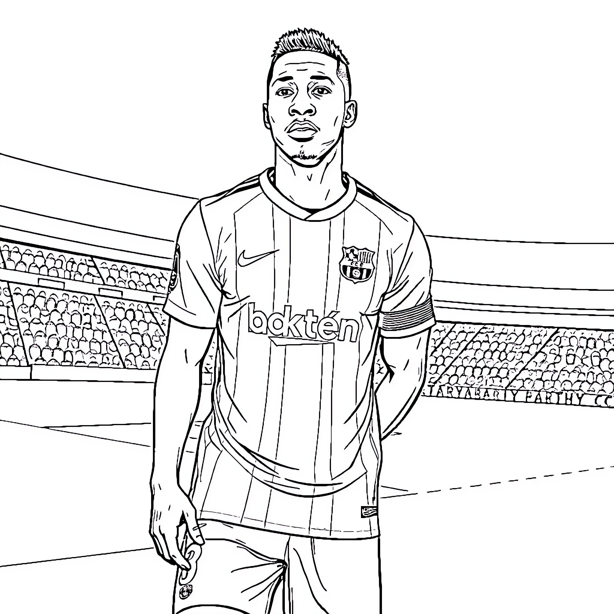 Mbappe in Soccer Uniform on the Field Coloring Page (free black-and-white line drawing printable PDF for all, from beginners to advanced learners, including children, teens, adults, and seniors)