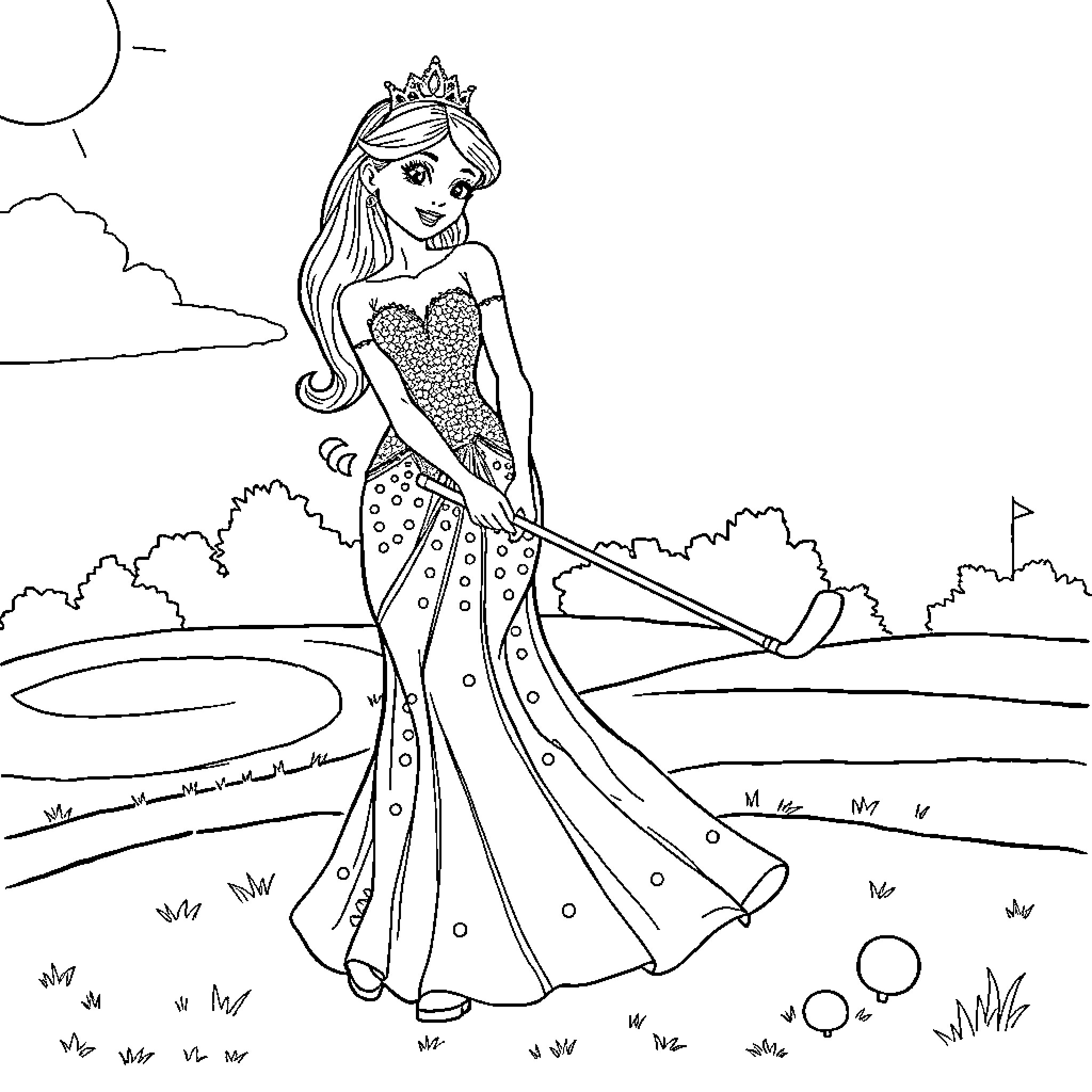 Princess in a Sparkling Gown Walking in a Scenic Landscape Coloring Page (free black-and-white line drawing printable PDF for all, from beginners to advanced learners, including children, teens, adults, and seniors)