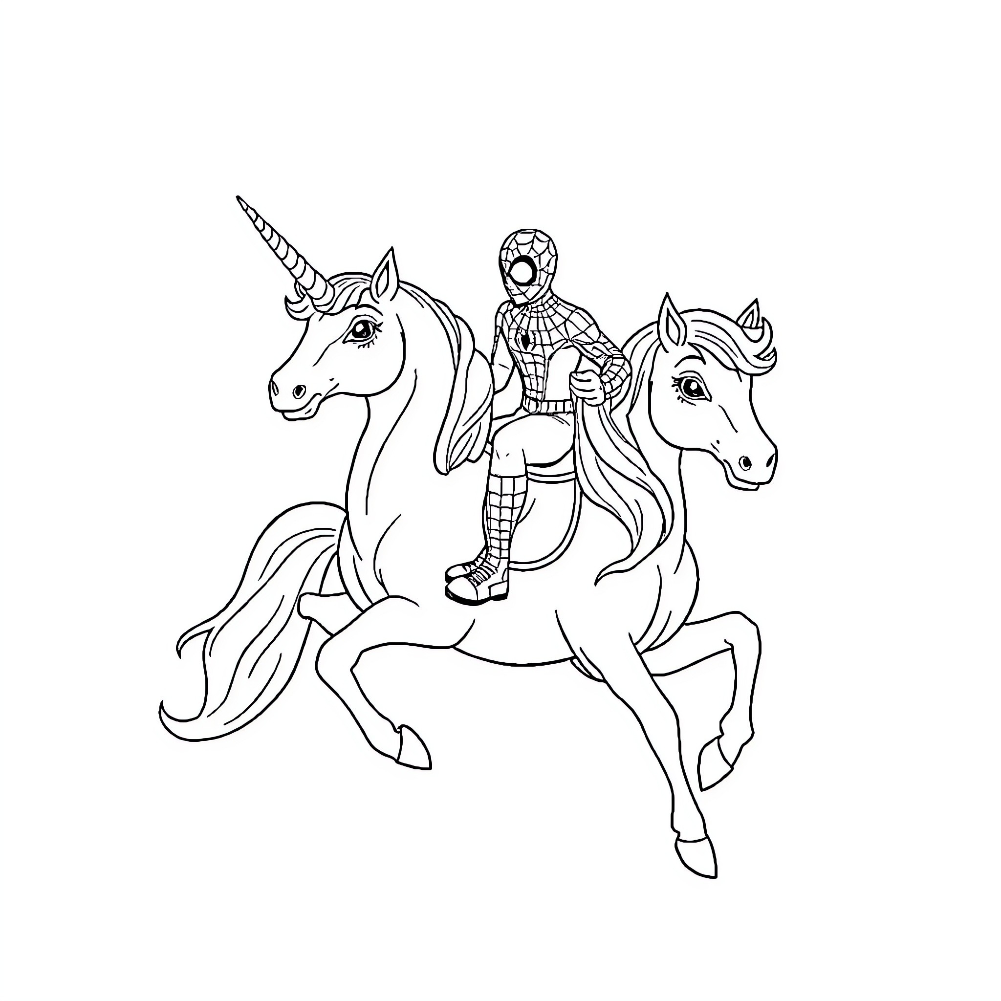 Spiderman riding unicorns in magical adventure Coloring Page (free black-and-white line drawing printable PDF for all, from beginners to advanced learners, including children, teens, adults, and seniors)
