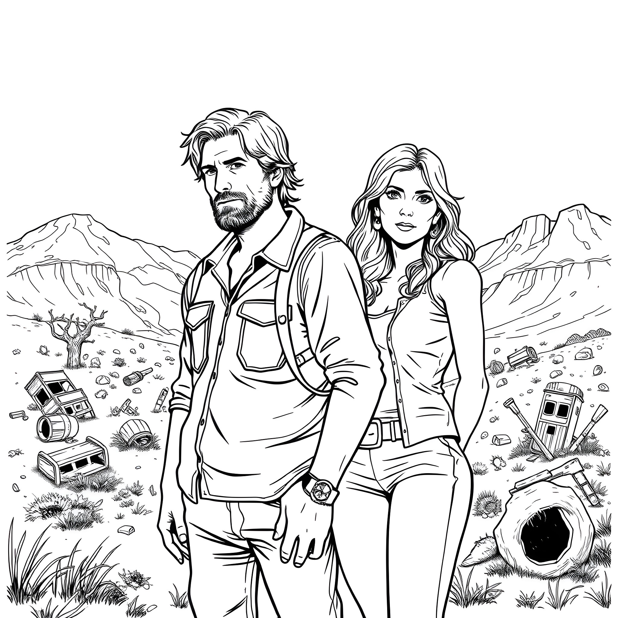 Carl Grimes exploring the rugged wilderness with a companion Coloring Page (free black-and-white line drawing printable PDF for all, from beginners to advanced learners, including children, teens, adults, and seniors)