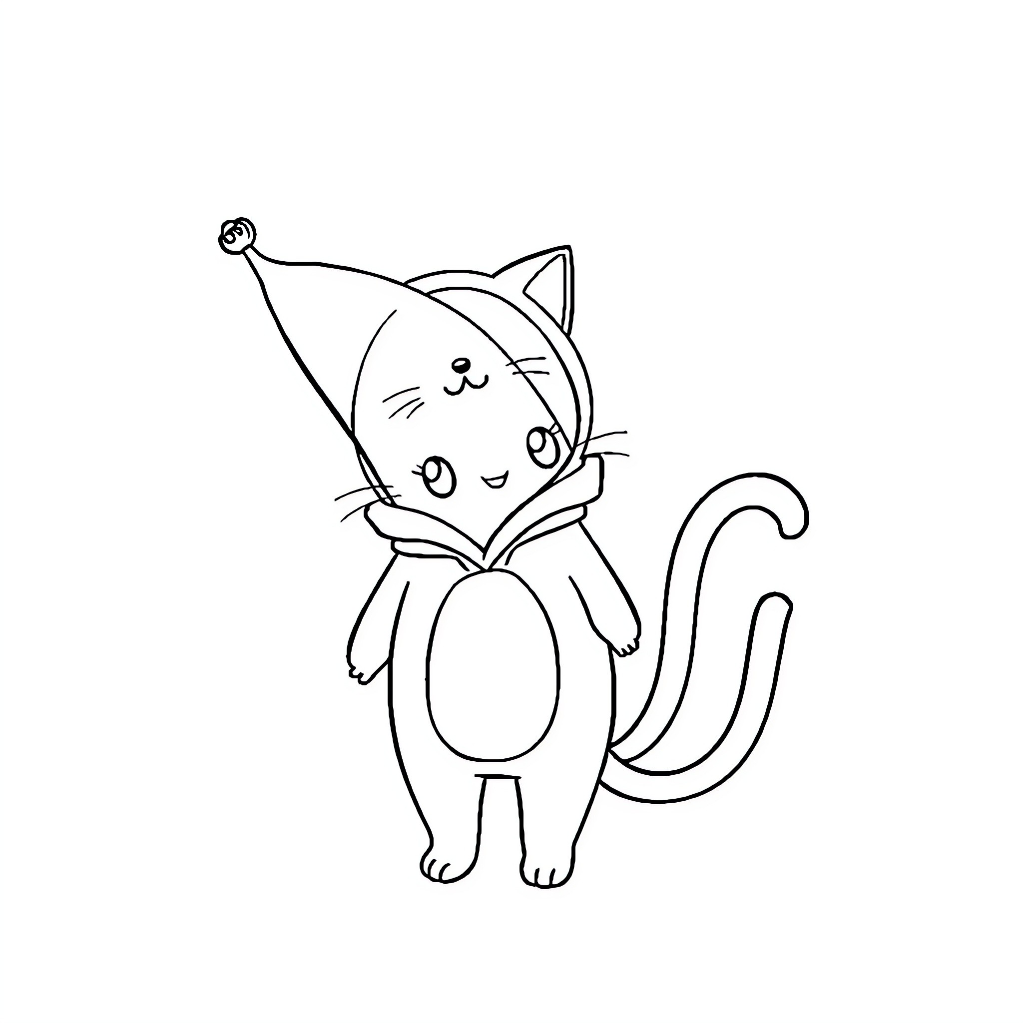 Banana cat in a party hat Coloring Page (free black-and-white line drawing printable PDF for all, from beginners to advanced learners, including children, teens, adults, and seniors)