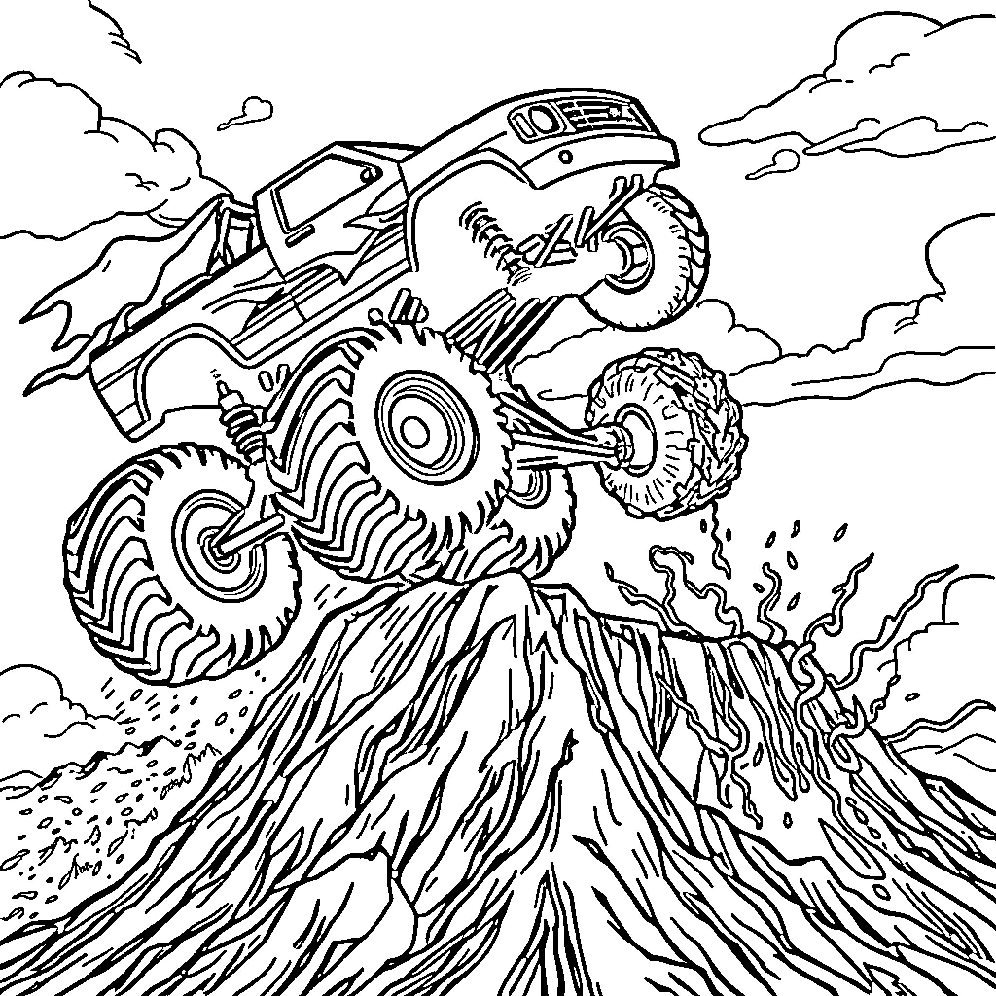 Monster Truck Conquering the Rugged Terrain Coloring Page (free black-and-white line drawing printable PDF for all, from beginners to advanced learners, including children, teens, adults, and seniors)