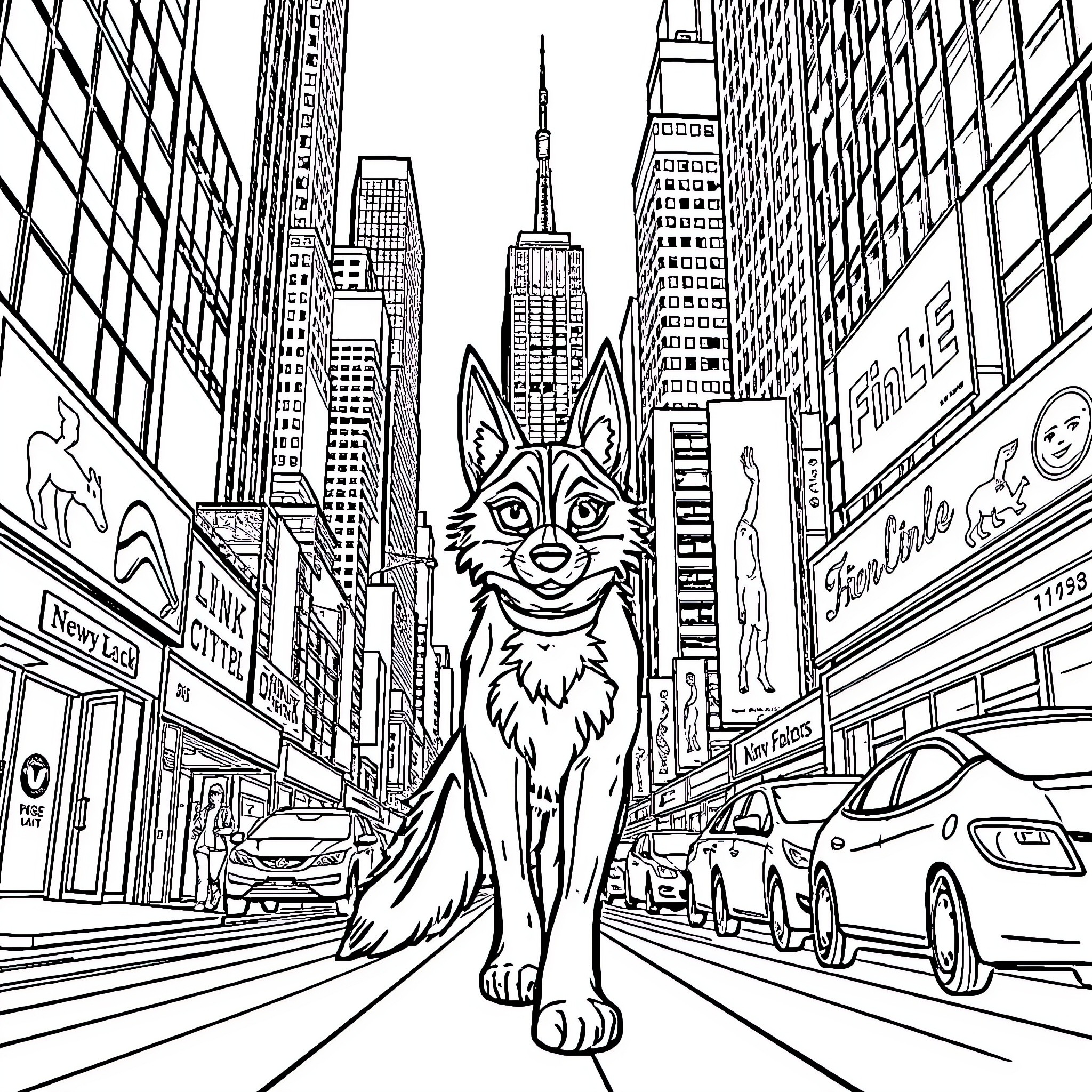 Jinx's Adventure in the City Coloring Page (free black-and-white line drawing printable PDF for all, from beginners to advanced learners, including children, teens, adults, and seniors)