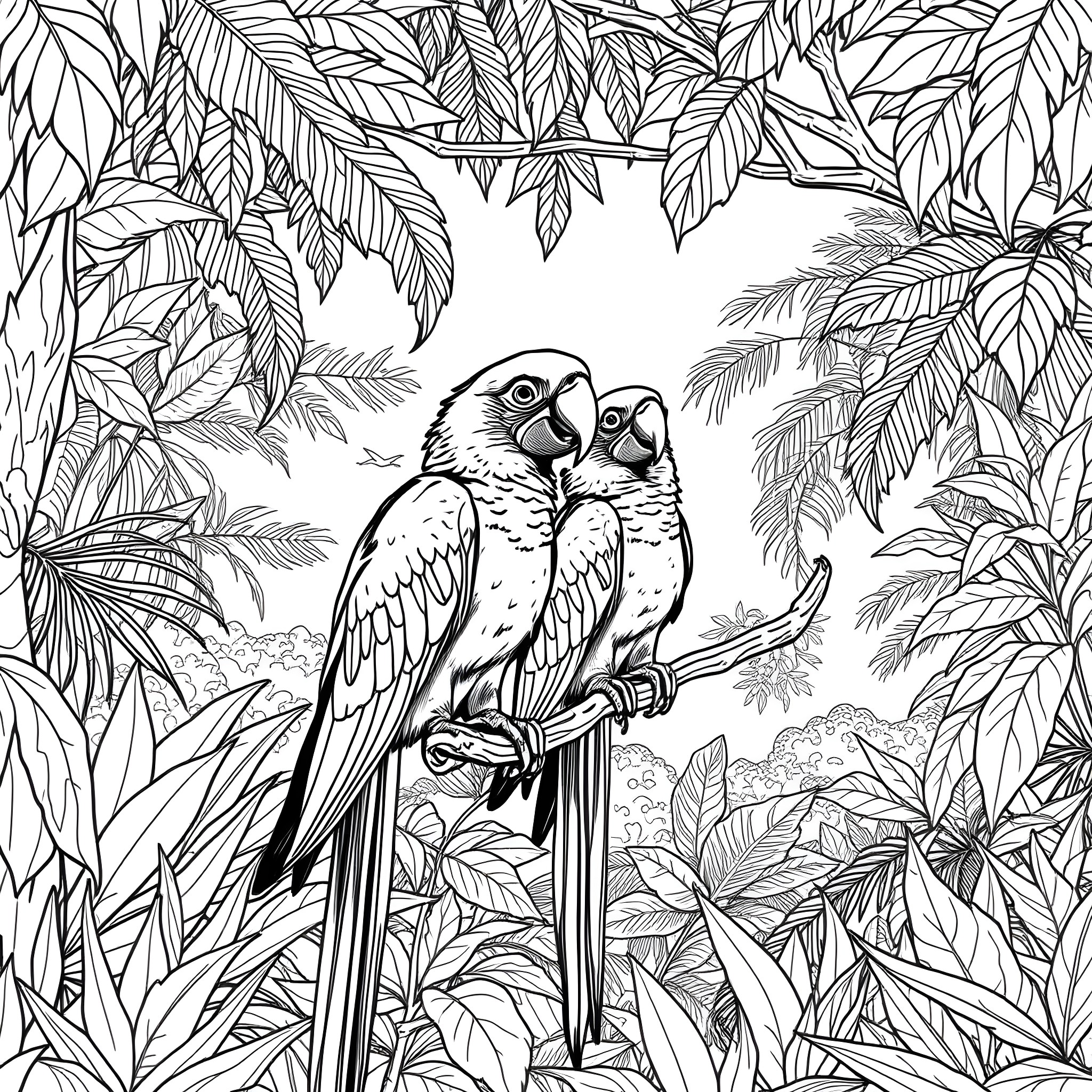 Parrot Pair Perched Amidst Lush Tropical Foliage Coloring Page (free black-and-white line drawing printable PDF for all, from beginners to advanced learners, including children, teens, adults, and seniors)