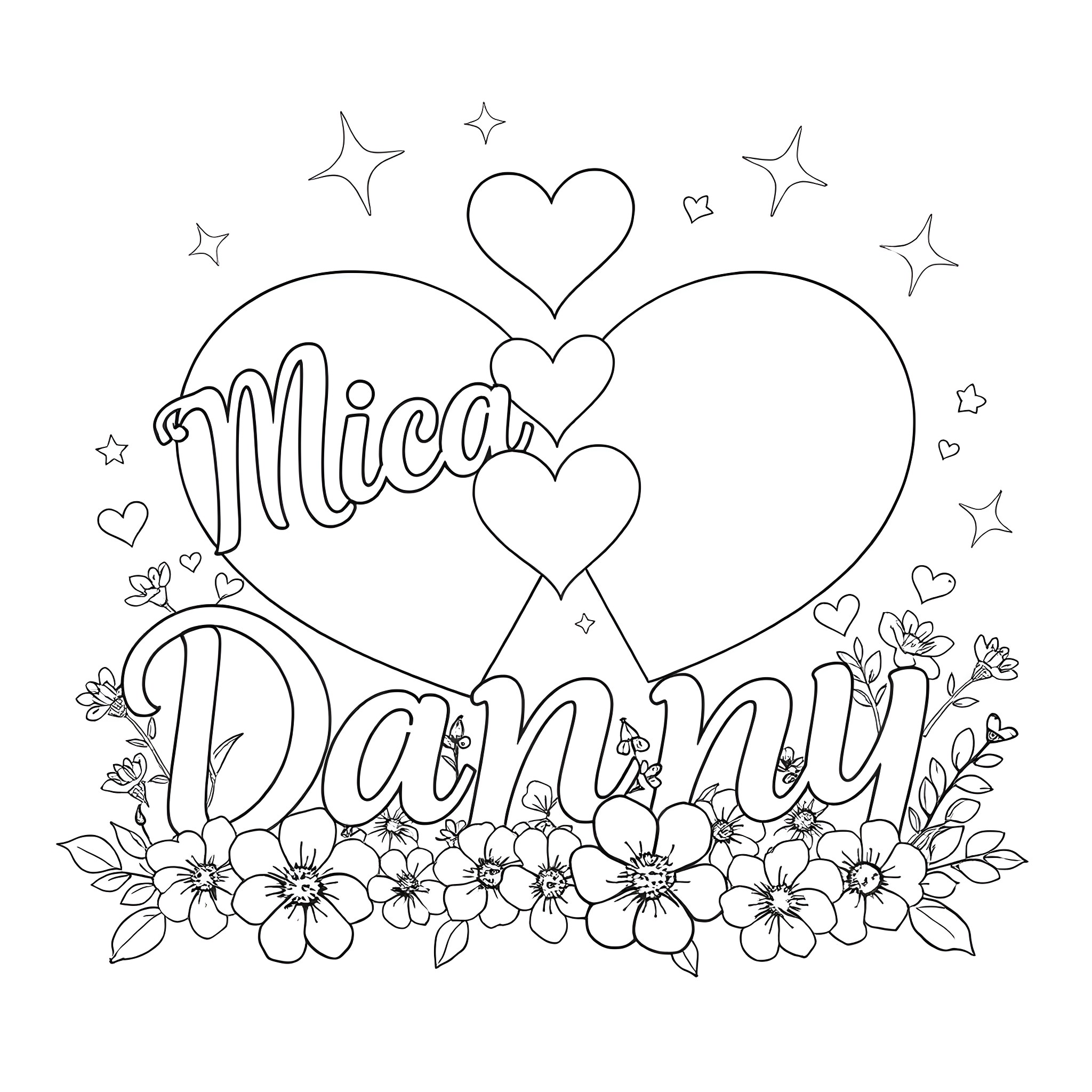 Words of Love and Happiness in Floral Frame Coloring Page (free black-and-white line drawing printable PDF for all, from beginners to advanced learners, including children, teens, adults, and seniors)