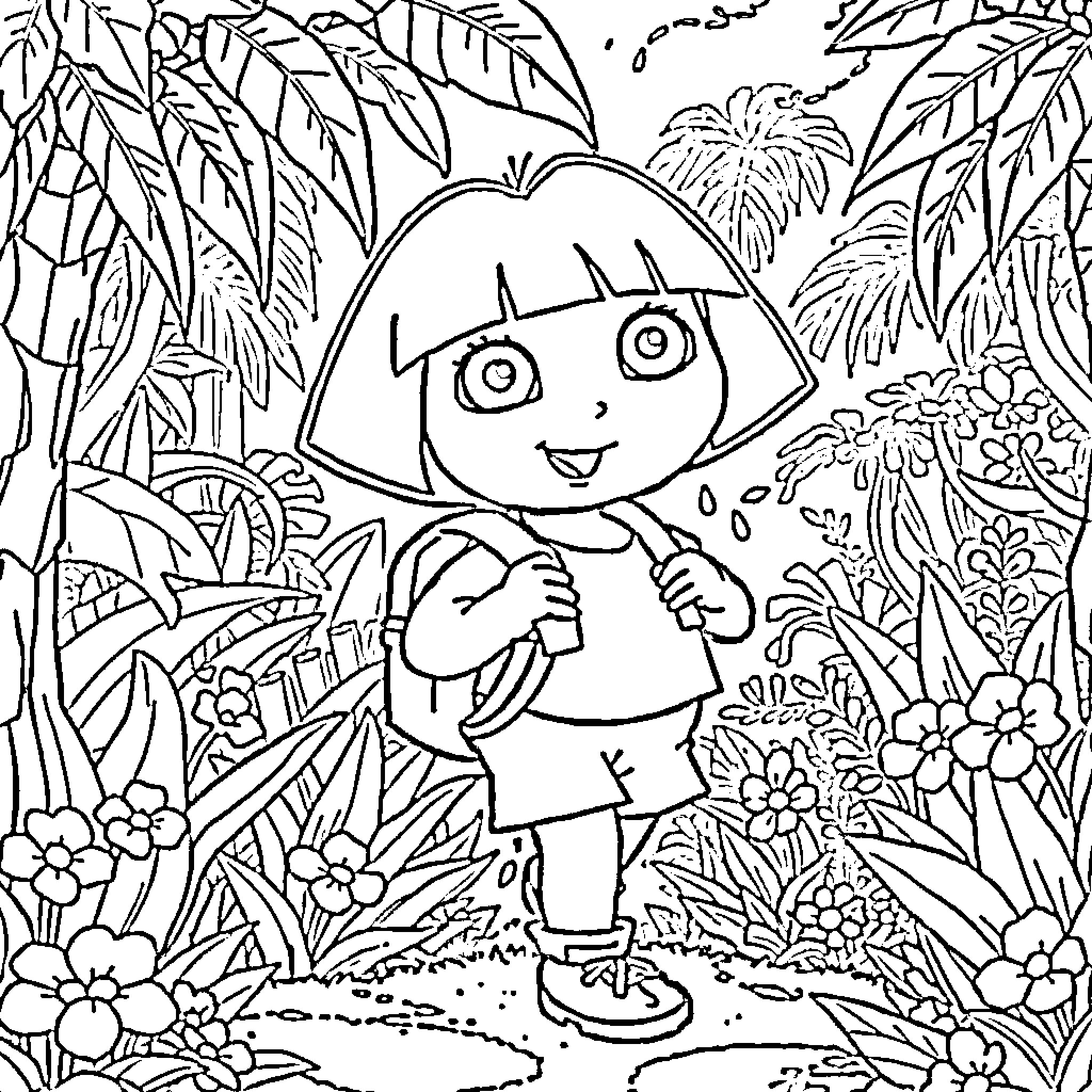 Dora explores the lush jungle landscape Coloring Page (free black-and-white line drawing printable PDF for all, from beginners to advanced learners, including children, teens, adults, and seniors)