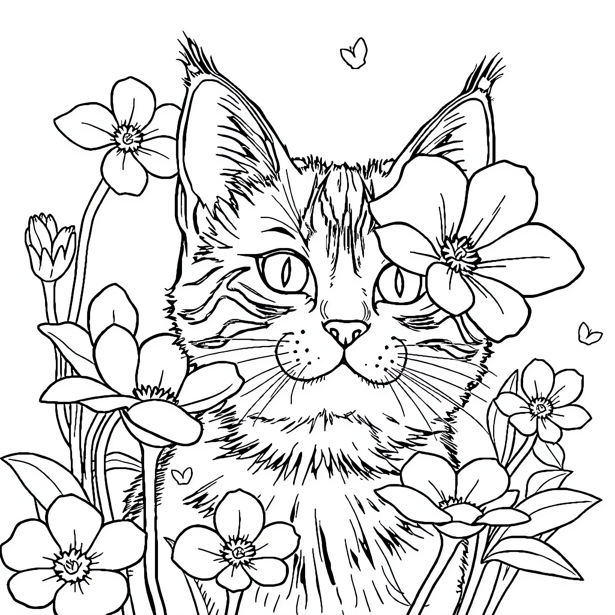 Cat surrounded by beautiful flowers Coloring Page (free black-and-white line drawing printable PDF for all, from beginners to advanced learners, including children, teens, adults, and seniors)