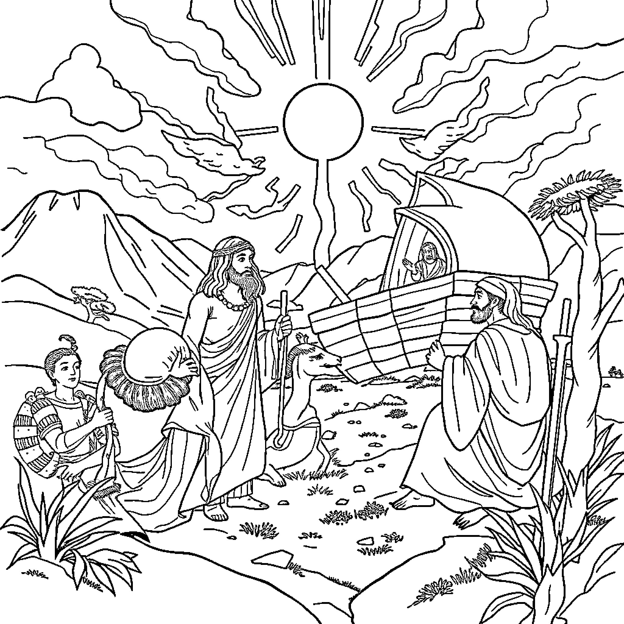 Genesis: Dramatic Scenes of Biblical Figures in a Lush Landscape Coloring Page (free black-and-white line drawing printable PDF for all, from beginners to advanced learners, including children, teens, adults, and seniors)