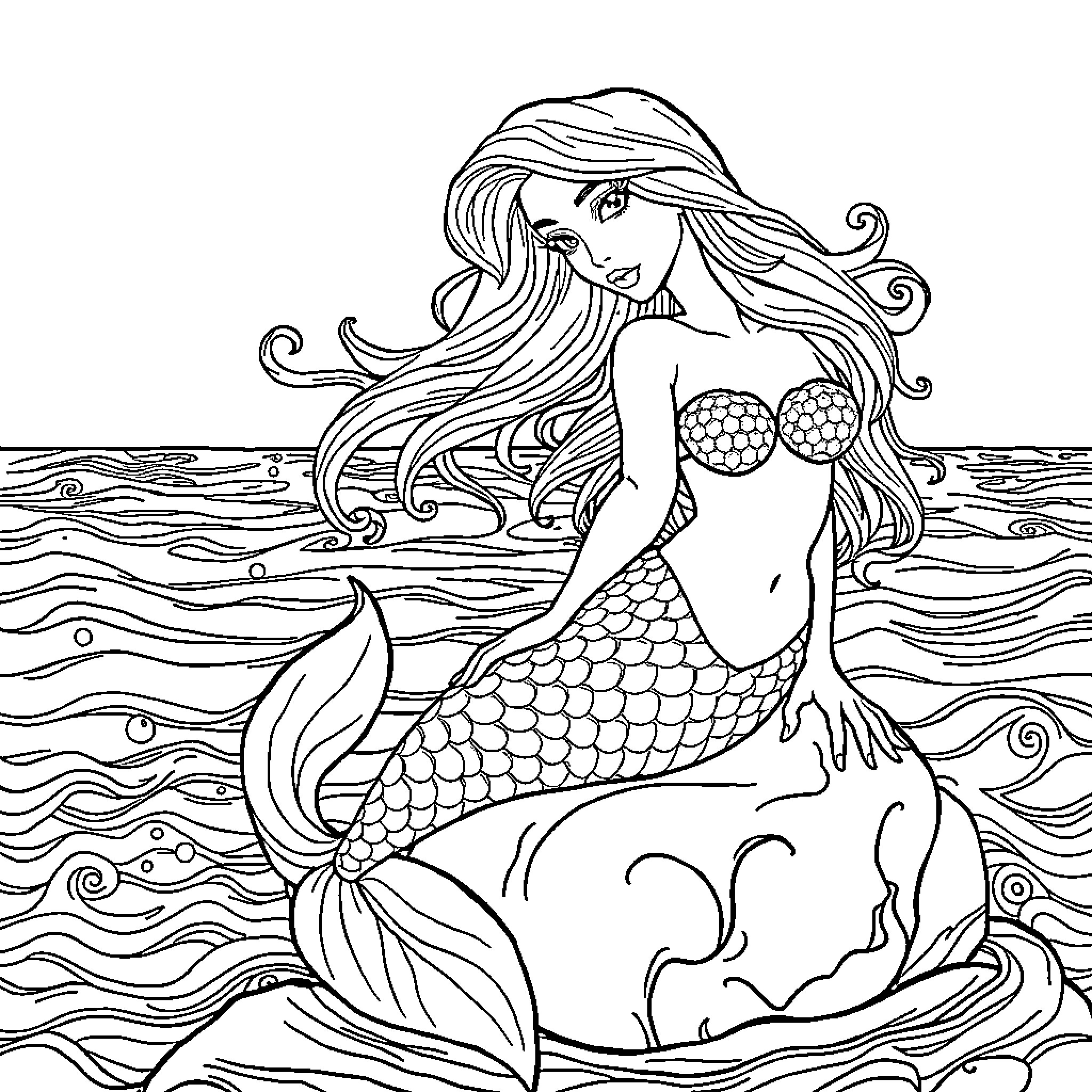 Mermaid swimming gracefully in the ocean waves Coloring Page (free black-and-white line drawing printable PDF for all, from beginners to advanced learners, including children, teens, adults, and seniors)